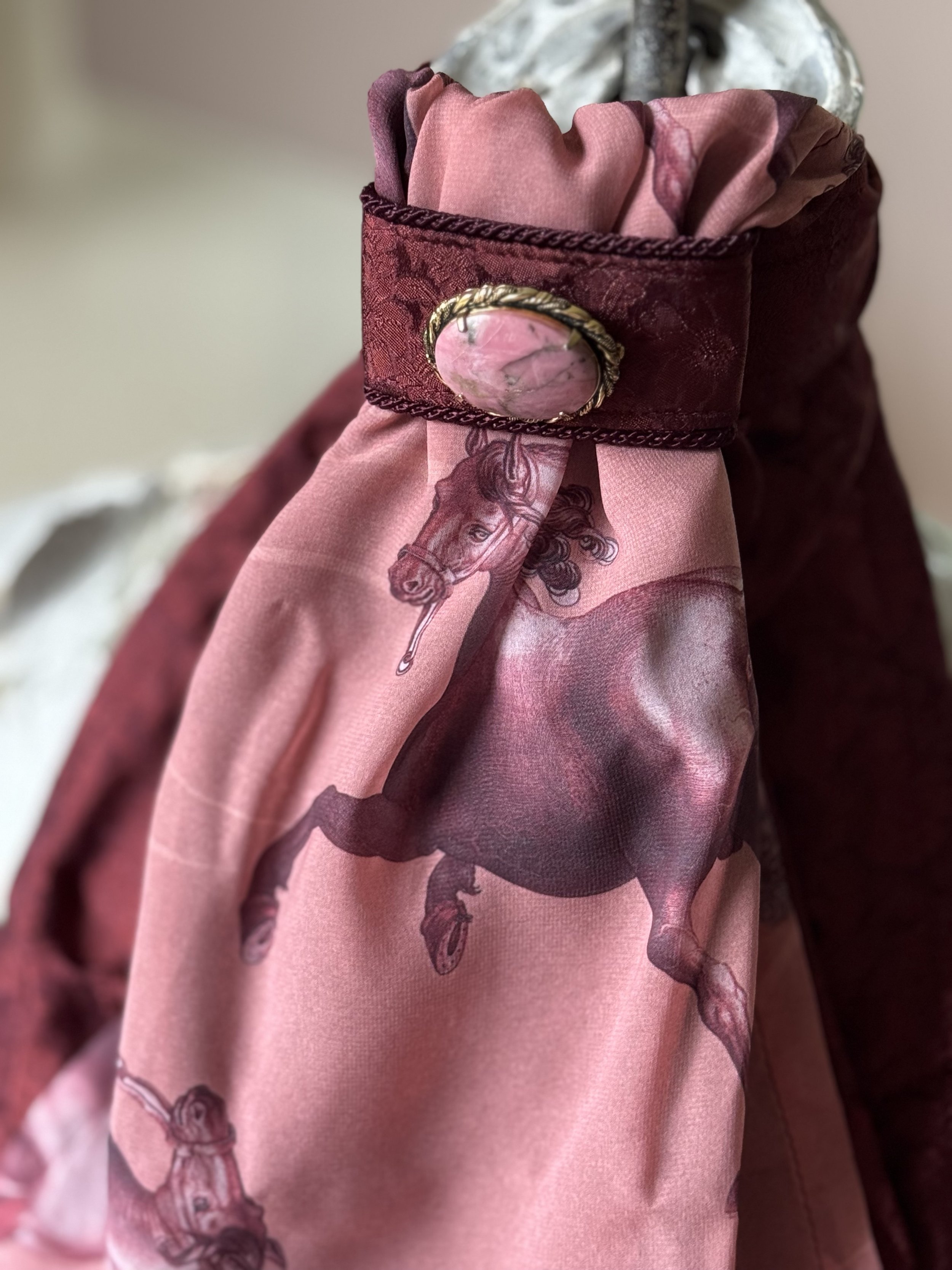 Crimson Satin Jacquard Stock Tie with Horse Chiffon Overlay