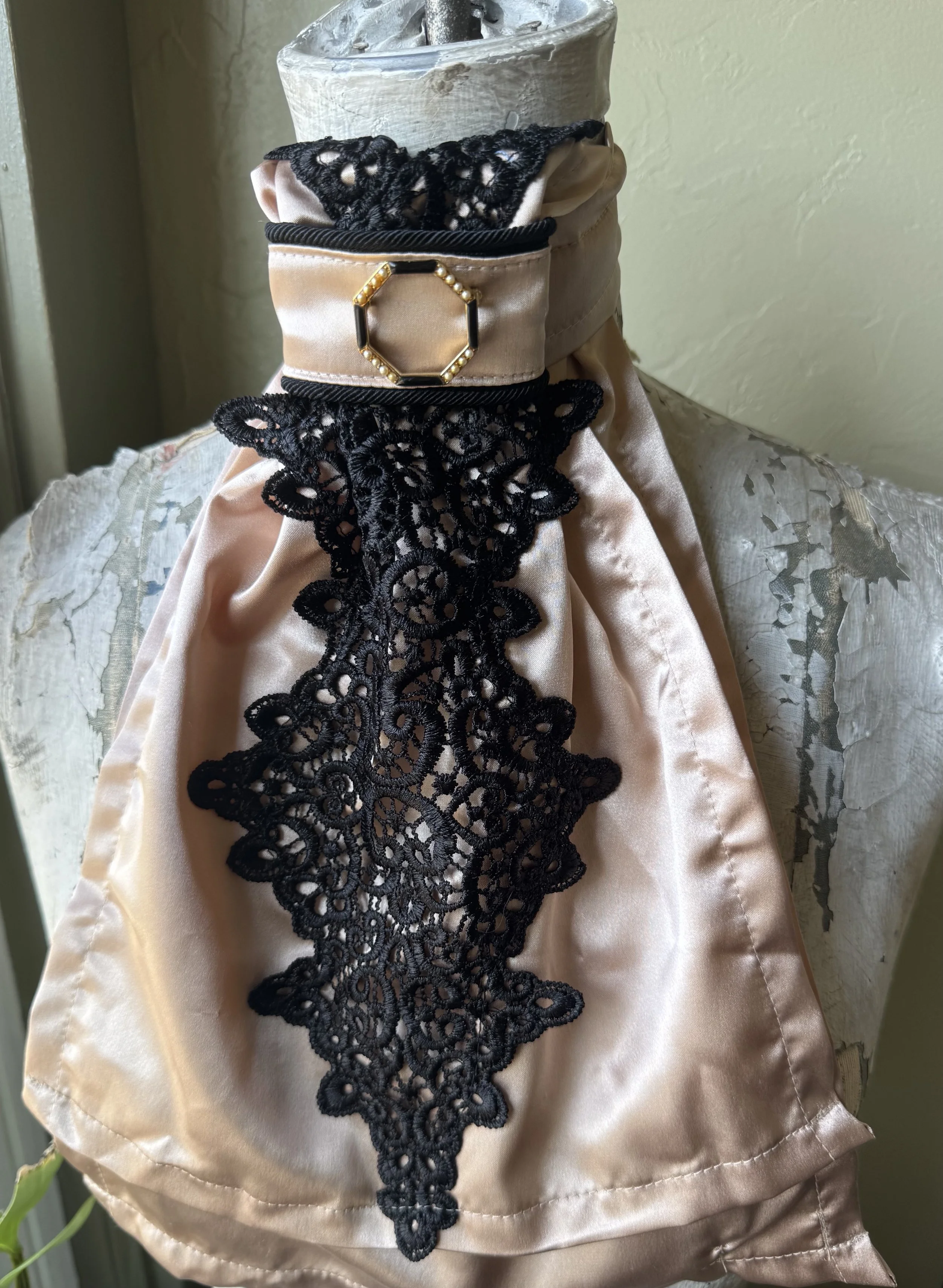 Champagne Satin Stock Tie with Black Filigree Trim