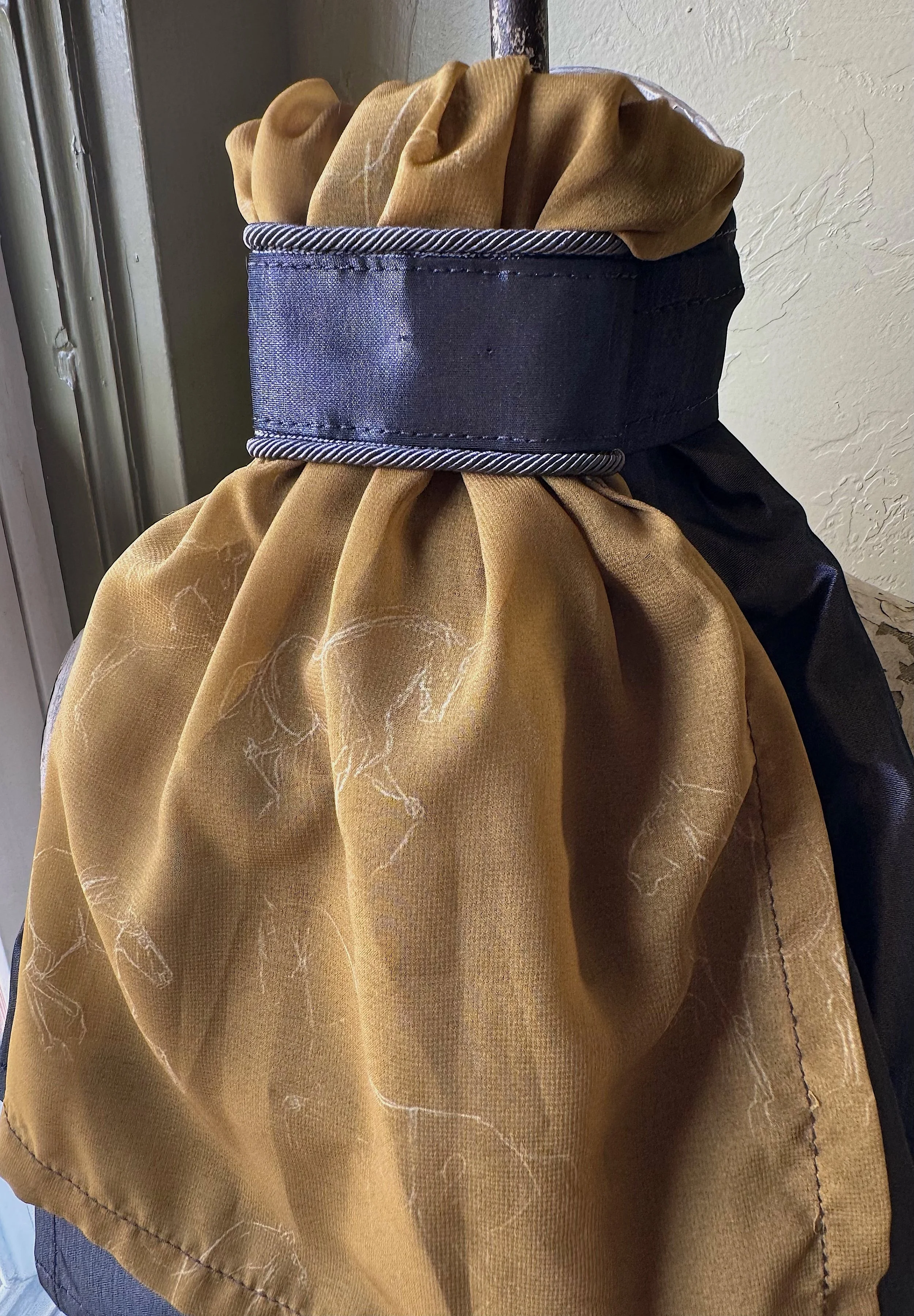 Slate Taffeta Stock Tie with Mustard Classical Horse Sketch Chiffon