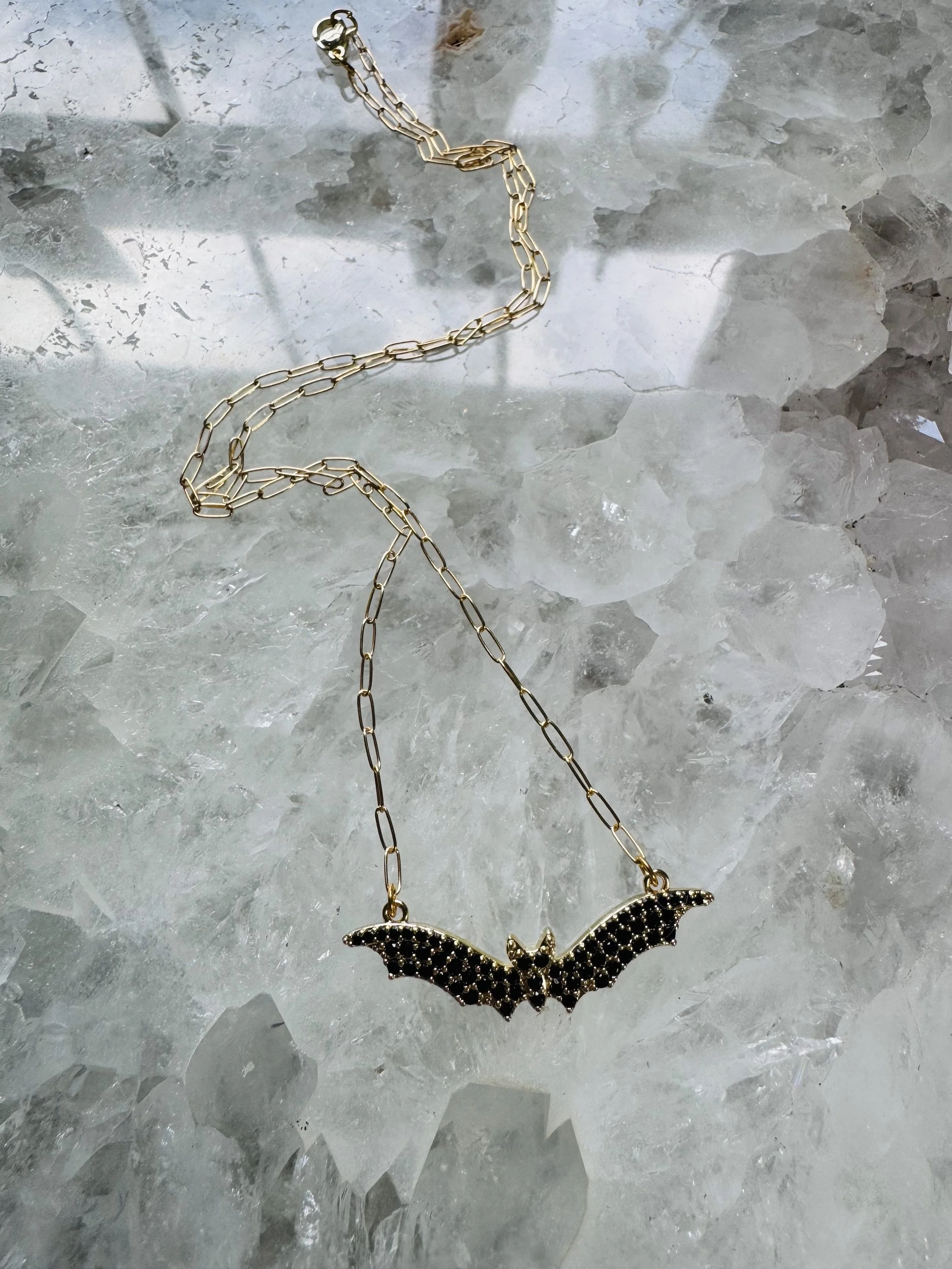 Dainty Black Crystal Bat Necklace