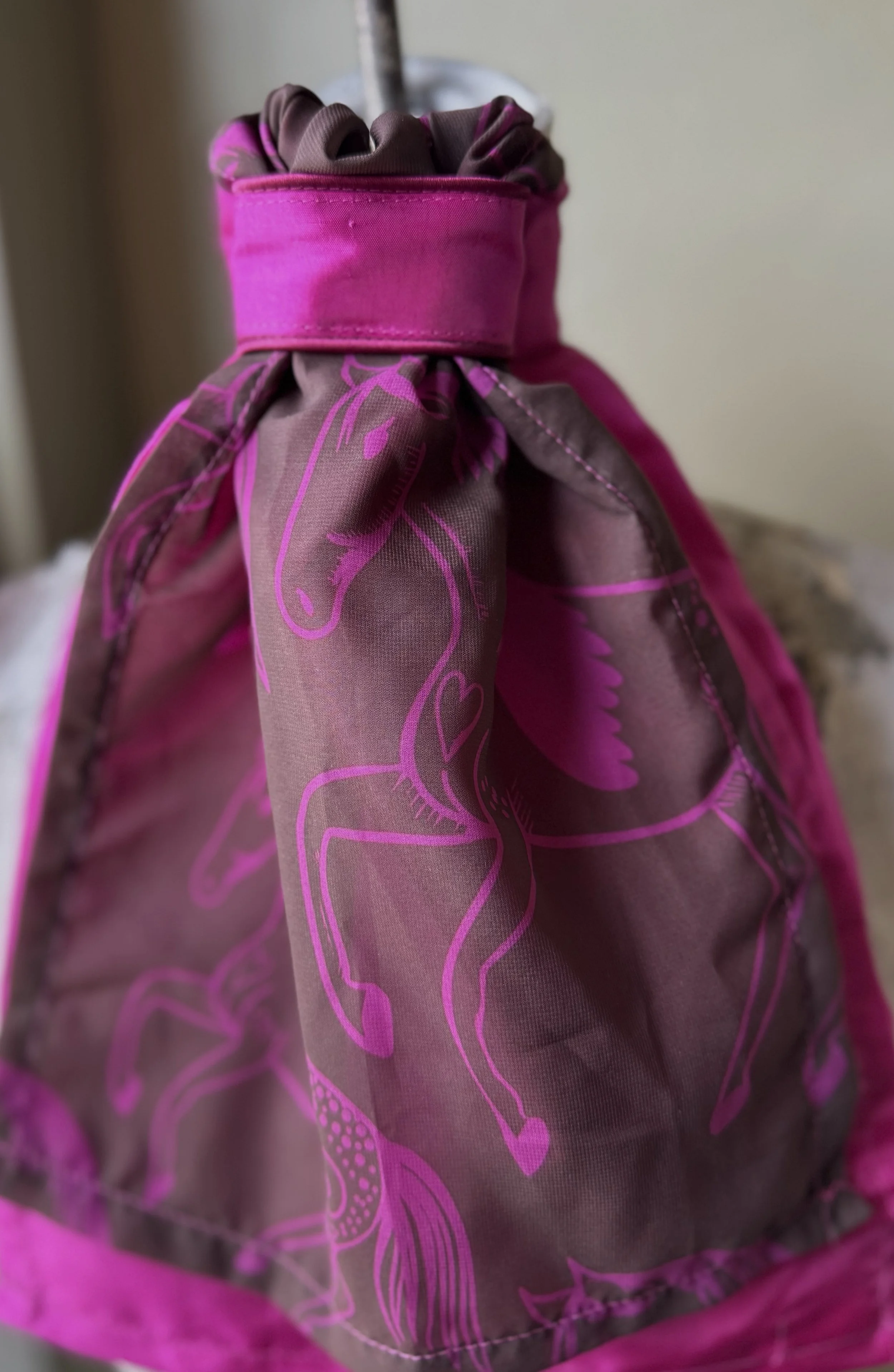 Fuchsia Taffeta Stock Tie with Horse Chiffon Overlay