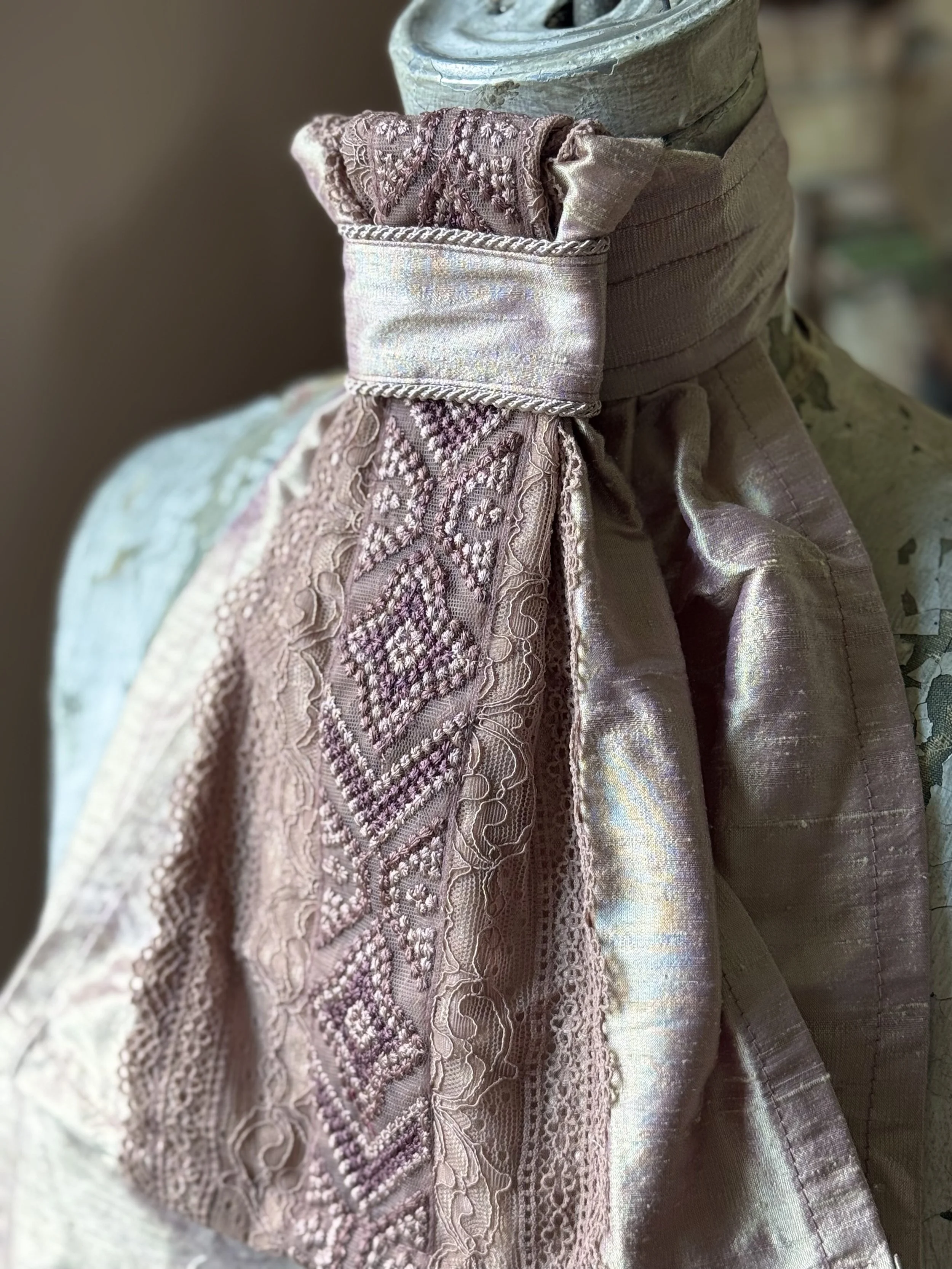 Iridescent Lavender Silk Stock Tie with Lace and Embroidered Ribbon