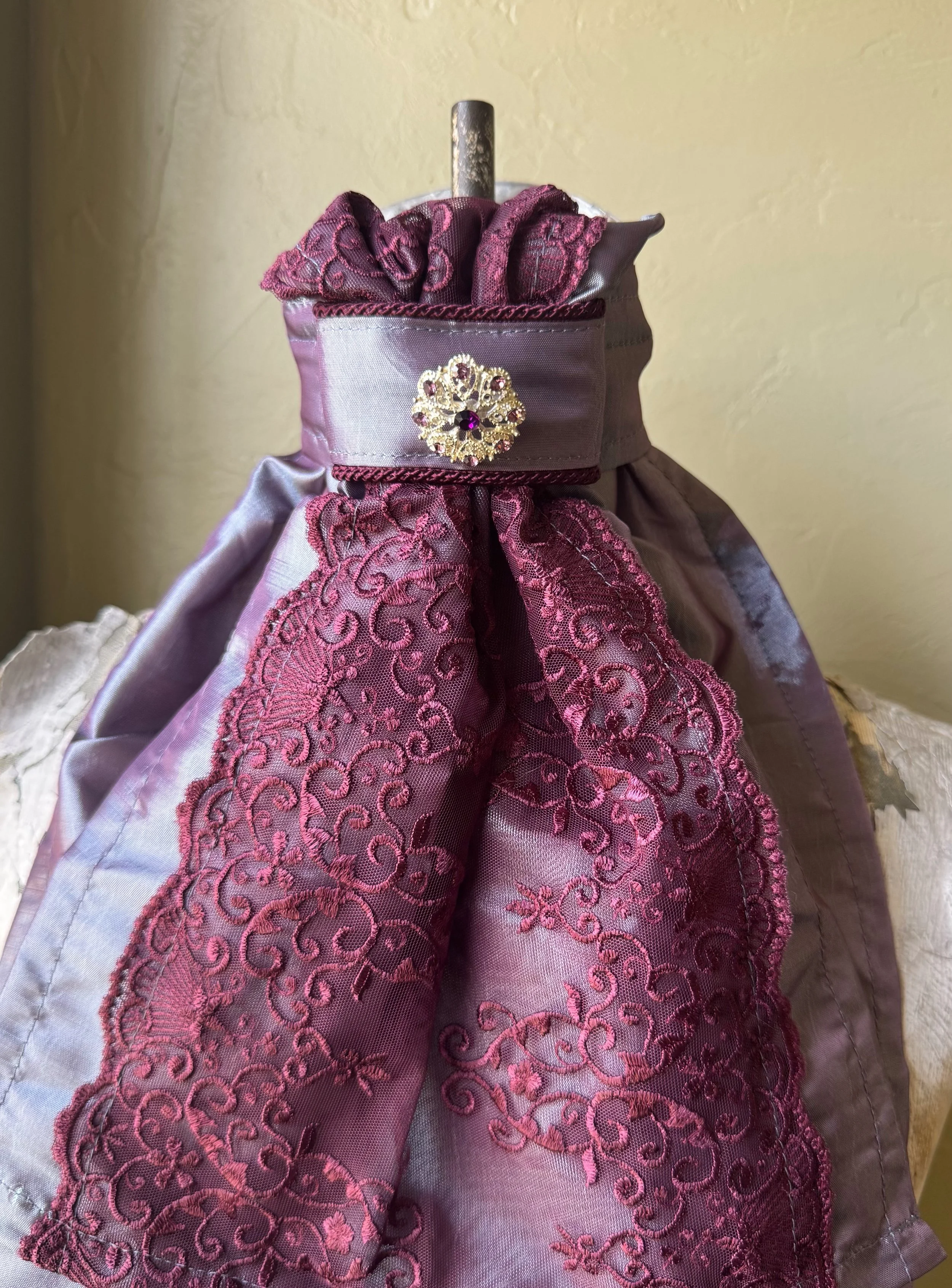 Iridescent Lavender Taffeta Stock Tie with Bordeaux Lace