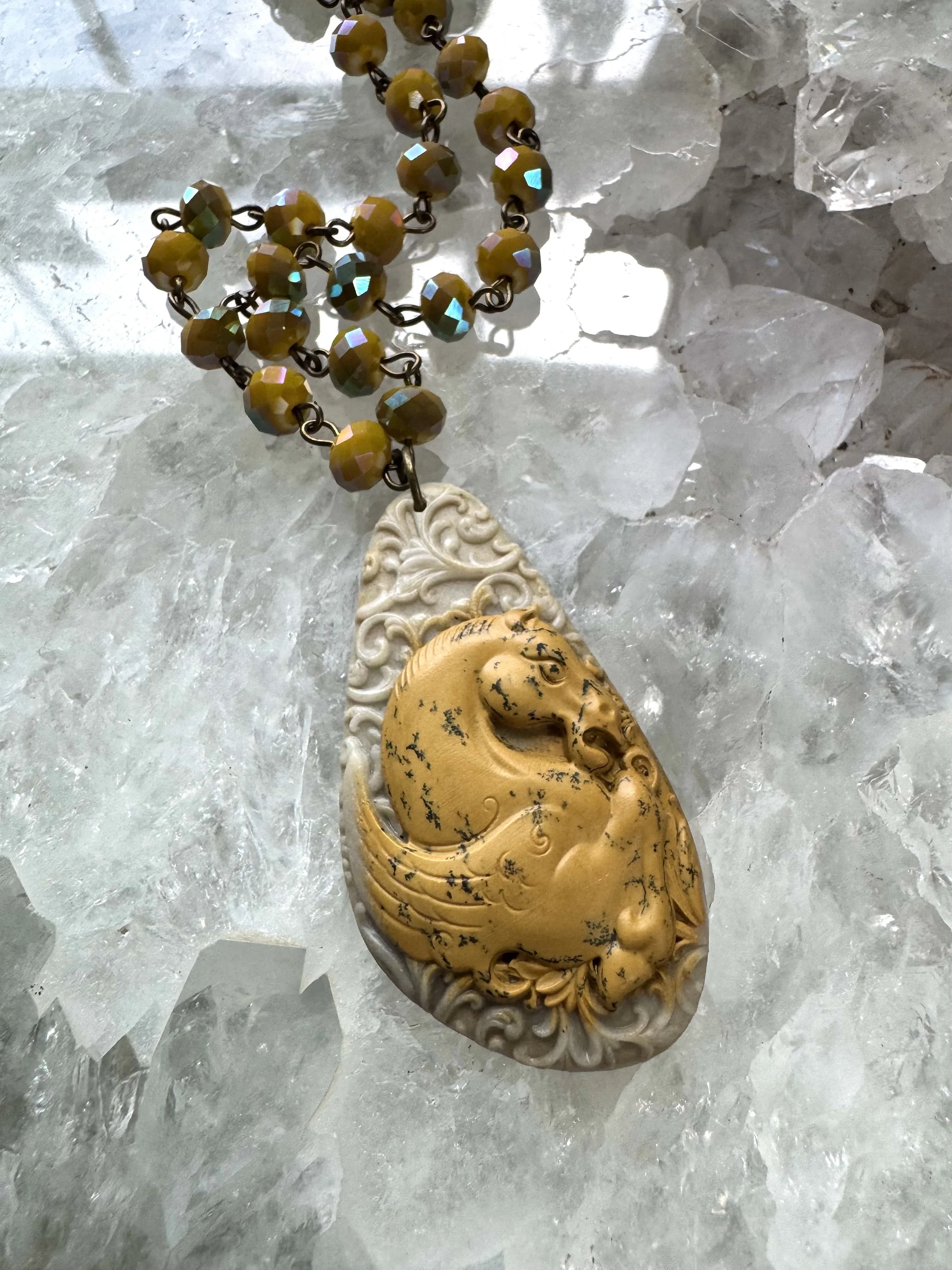 Jasper Carved Pegasus Necklace with Ochre Rosary chain