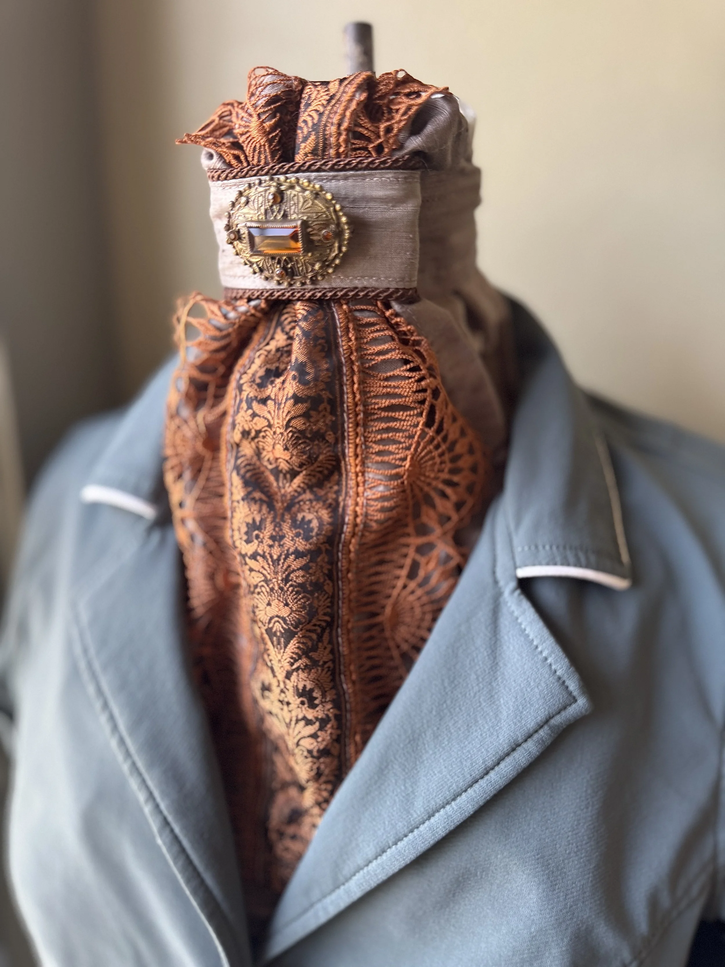 Mushroom Silk Stock Tie with Sari Silk & Rust Crocheted Lace