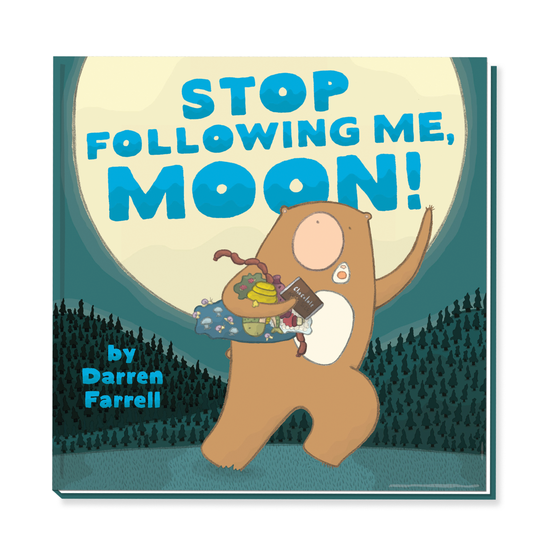 The cover of the children's book, Stop Following Me, Moon!, written and illustrated by Darren Farrell. This cover features a bear running away from the moon.