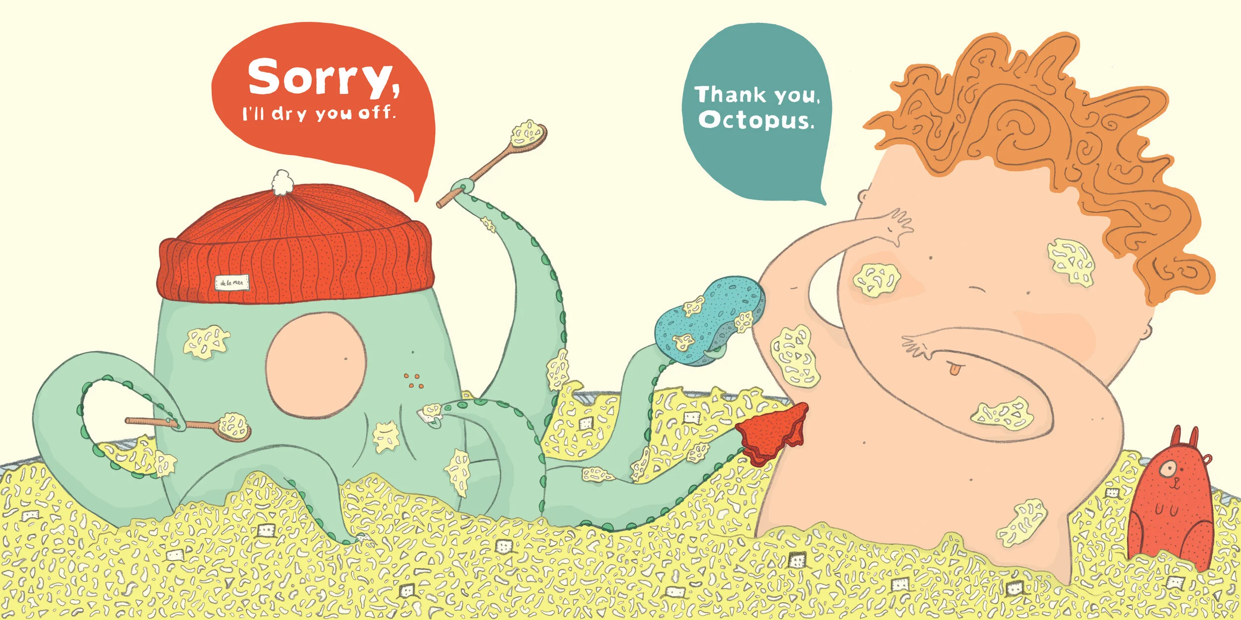 A spread from the children's book, Thank You, Octopus, written and illustrated by Darren Farrell. This spread features a boy and an octopus sitting in a bathtub full of egg salad. The boy is grossed out.