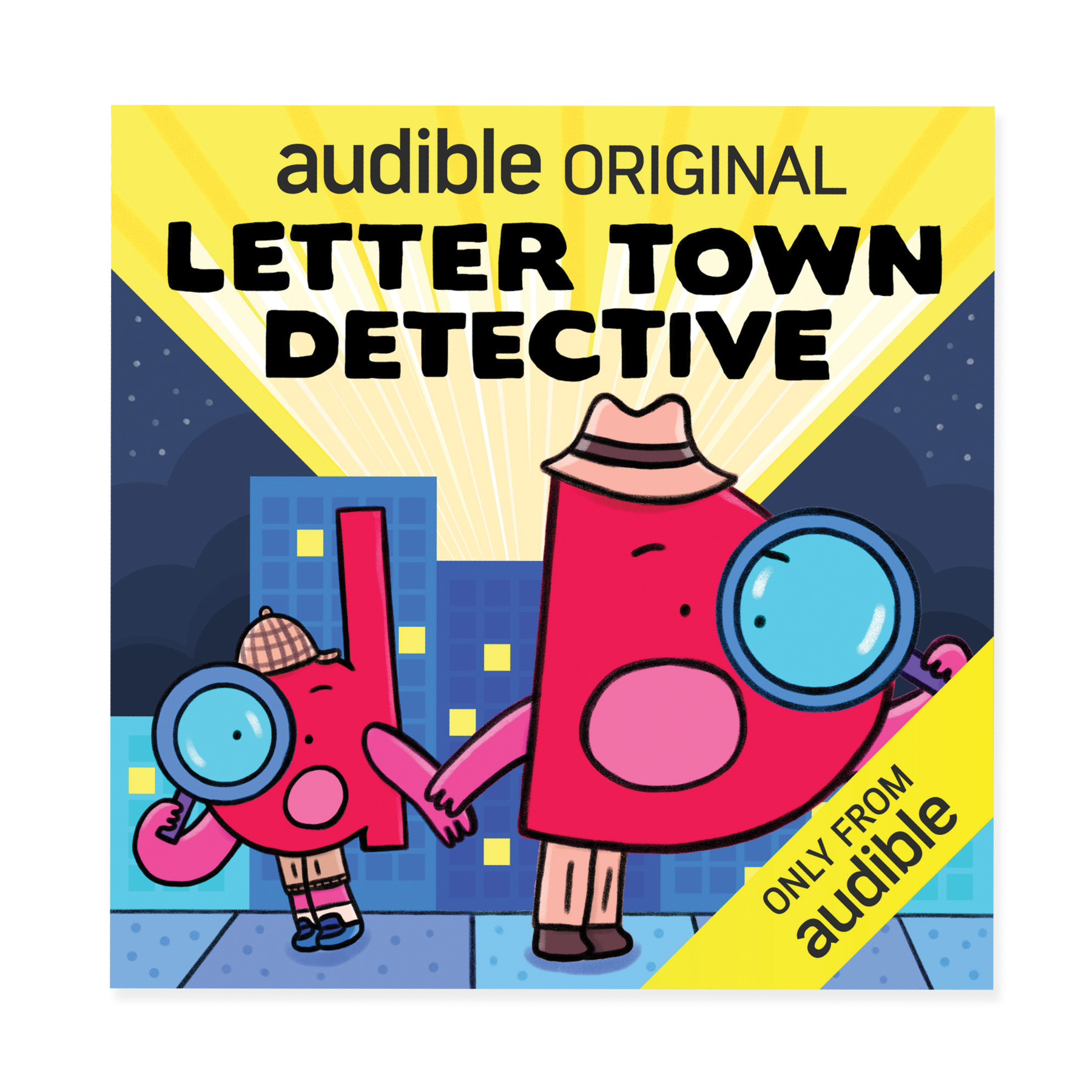 The cover of the children's Audible Original show, Letter Town Detective, created and written by Darren Farrell. The cover features Detective Dee and his son Little Dee searching for mysteries in Letter Town.