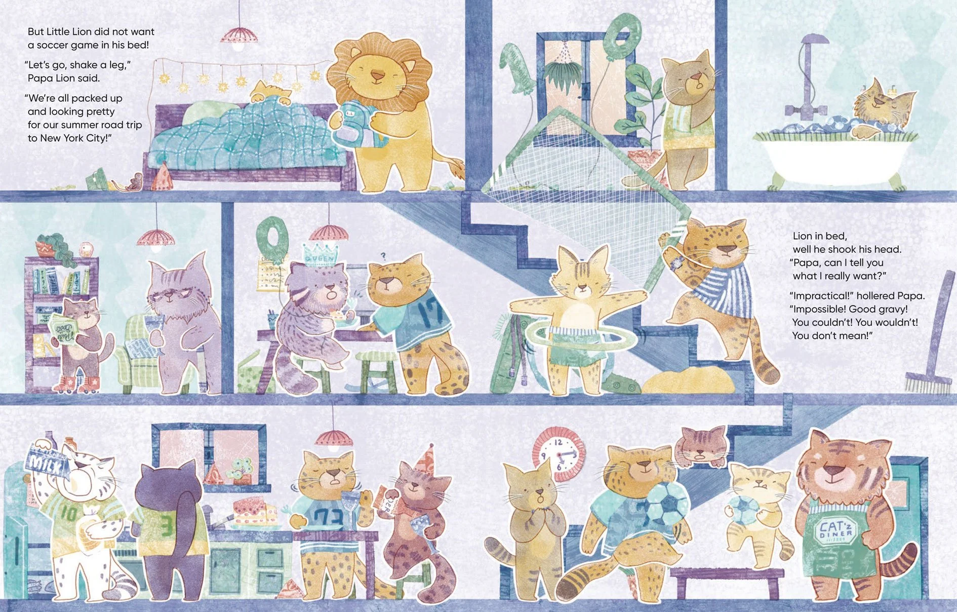 A spread from the children's book, Lion In Bed, written by Darren Farrell and illustrated by Maya Tatsukawa. In the spread, we see a dollhouse cutaway of Papa and little lion's house. We can see all sorts of big cats eating and playing and reading.