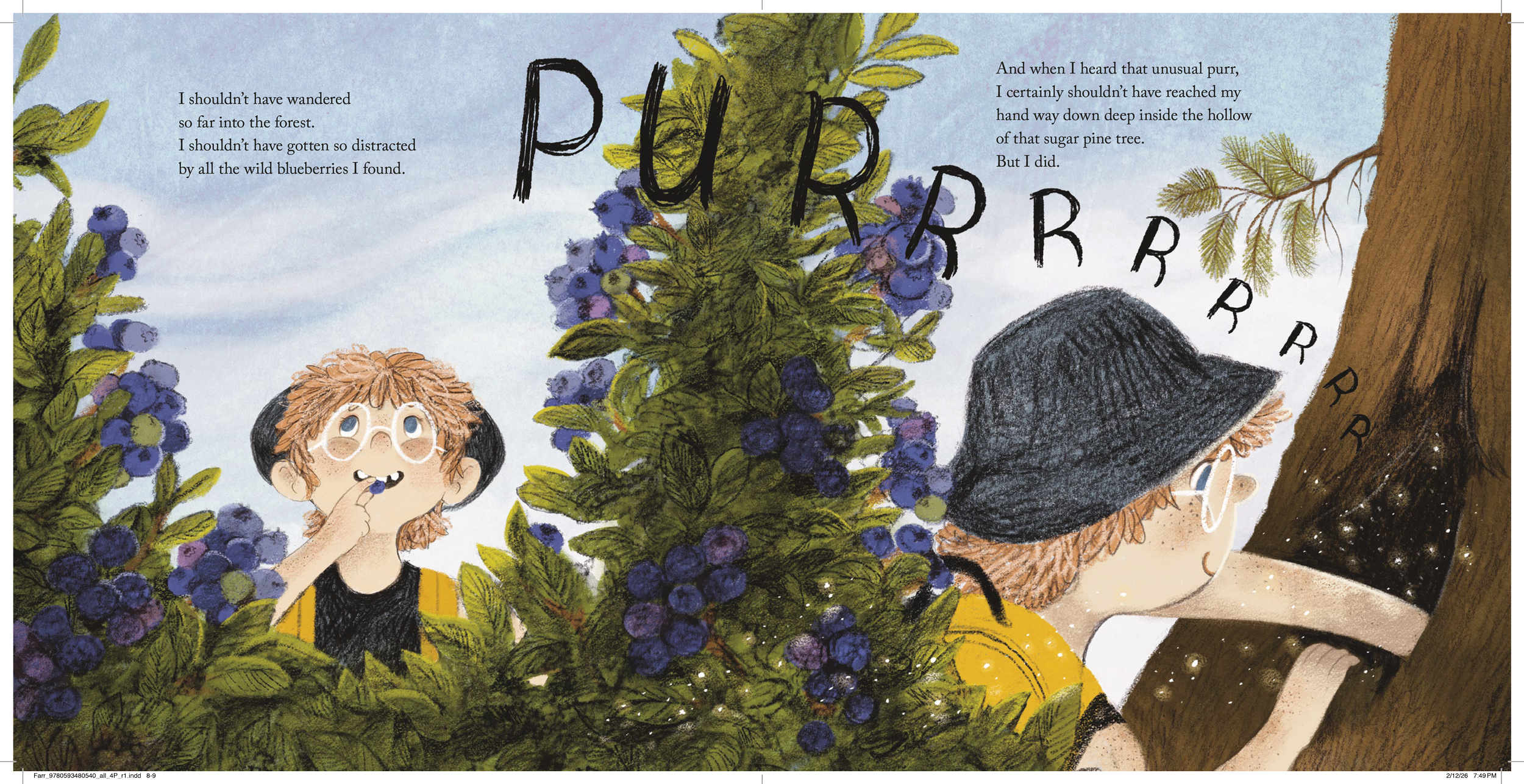 A spread from the children's book, The Warm Fuzzies, by Darren Farrell and illustrated by Alexandra Finkeldey. In the spread, a young girl is exploring the woods.