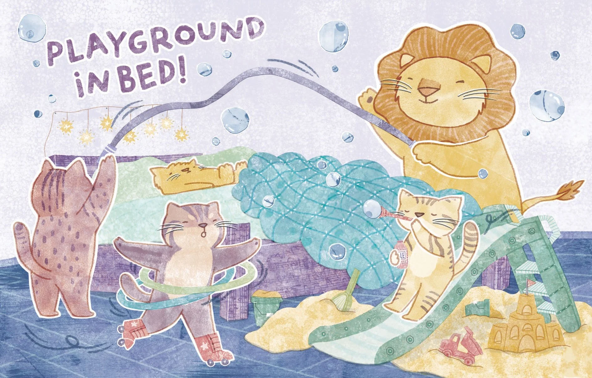A spread from the children's book, Lion In Bed, written by Darren Farrell and illustrated by Maya Tatsukawa. In the spread, Papa Lion has brought an entire playground into his little lion's bed in hopes this will help him wake up.