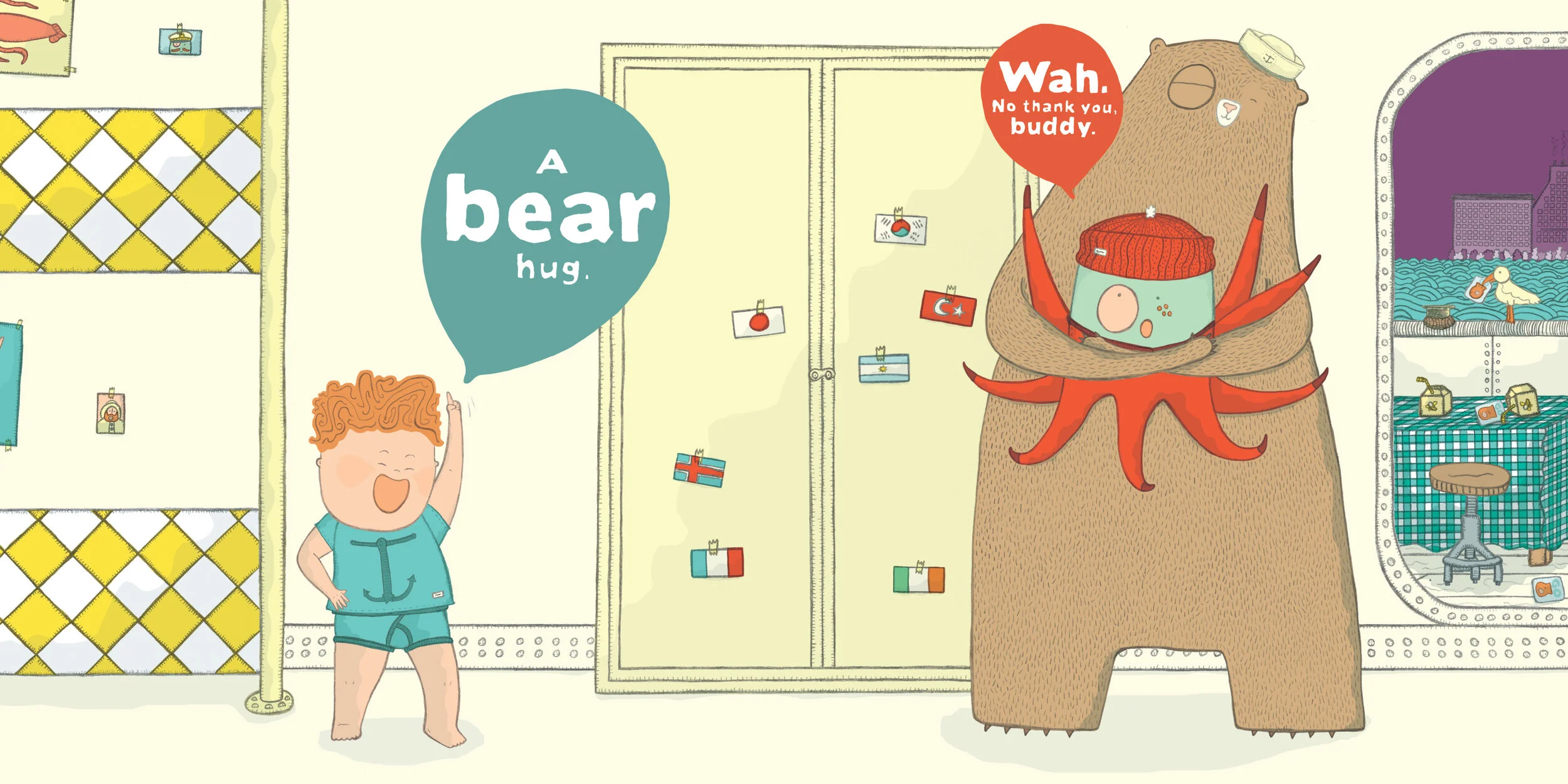 A spread from the children's book, Thank You, Octopus, written and illustrated by Darren Farrell. This spread features a grizzly bear hugging an octopus. The octopus is surprised. A boy is happy to have surprised the octopus.