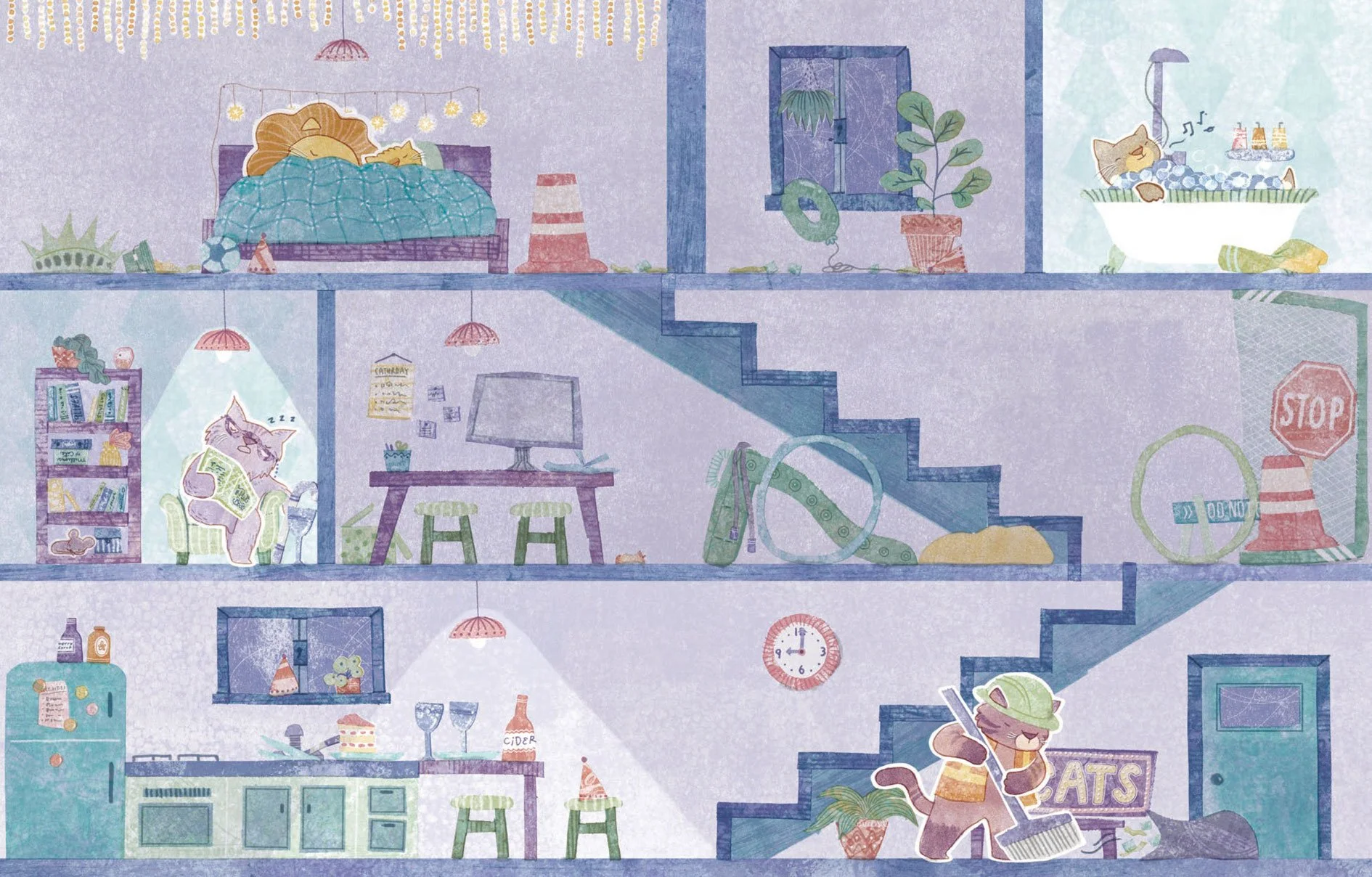 A spread from the children's book, Lion In Bed, written by Darren Farrell and illustrated by Maya Tatsukawa. In the spread, Papa Lion and Little Lion are snuggling in bed. Night has arrived and the house is all quiet.