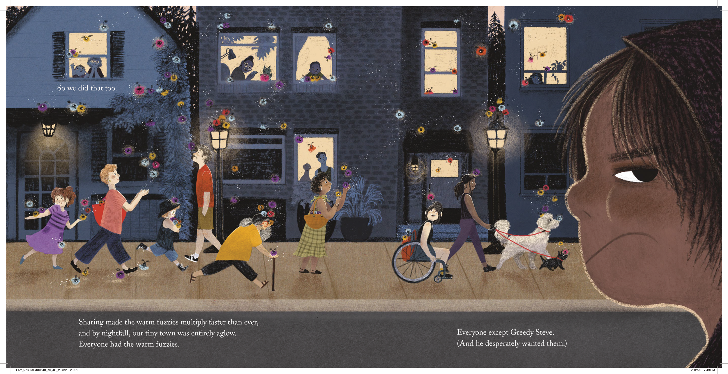 A spread from the children's book, The Warm Fuzzies, by Darren Farrell and illustrated by Alexandra Finkeldey. In the spread, a city is catching and sharing warm fuzzies..