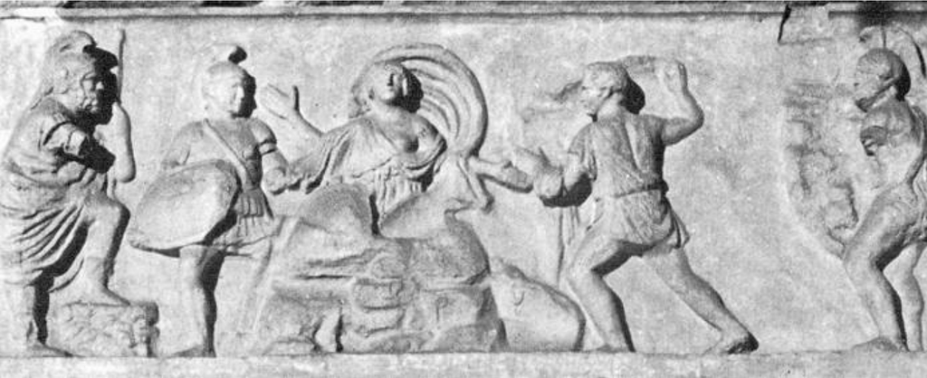 The punishment of Tarpeia. This frieze of Tarpeia being crushed by shields was on the Basilica Aemelia in the Roman Forum