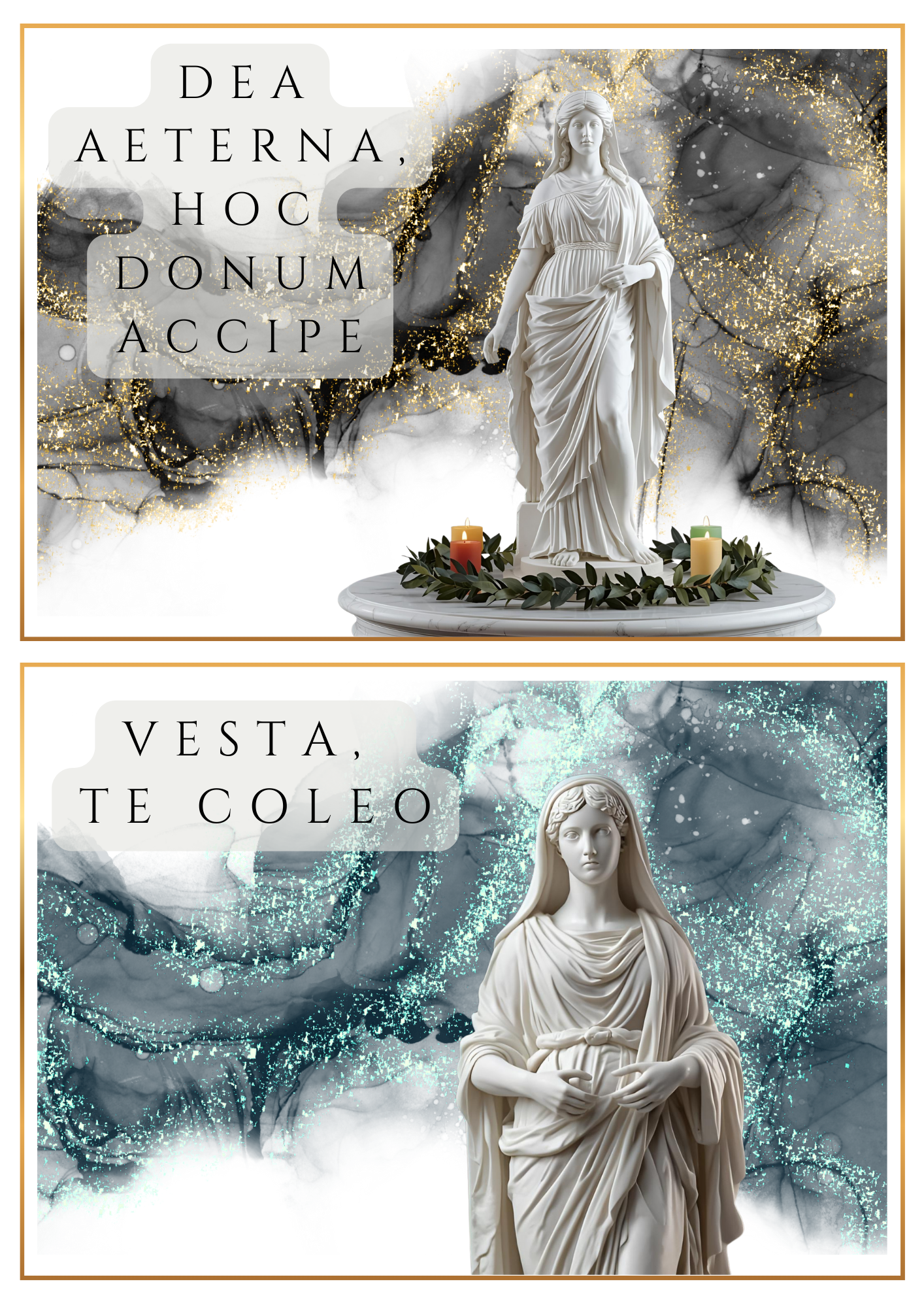 devotional cards to Vesta: white statues with Latin devotions