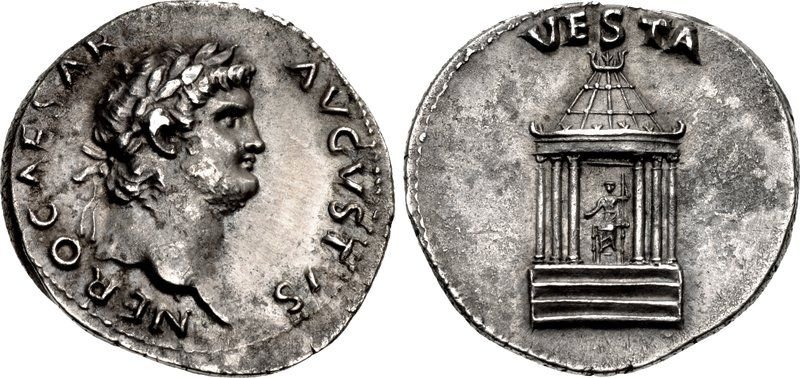 ancient silver coin with emperor Nero and the circular temple of Vesta