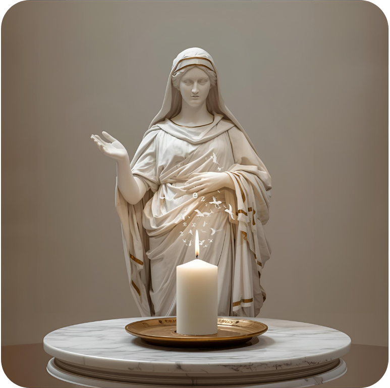 A white statue of a woman with a head covering, standing behind a lit candle on a round marble table, with small birds flying around the candle