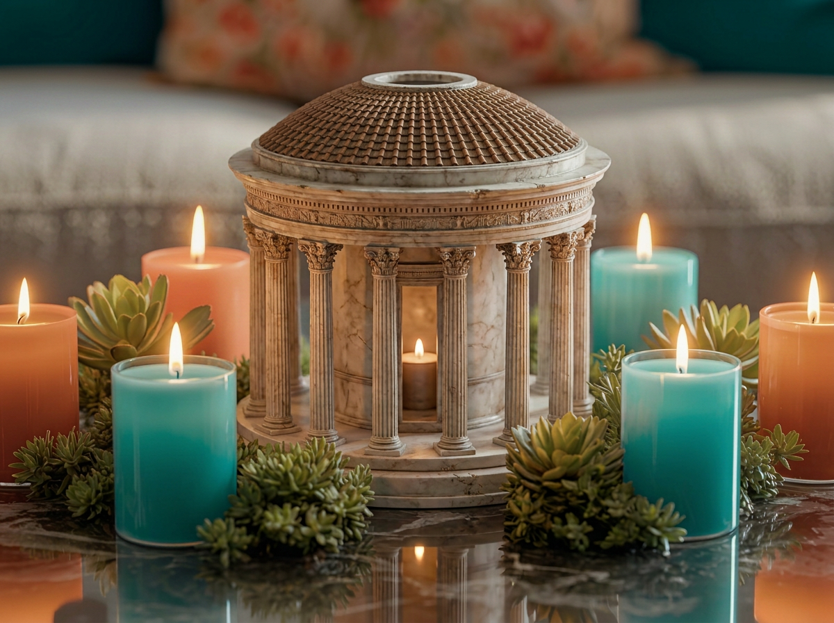 classical temple with candles around