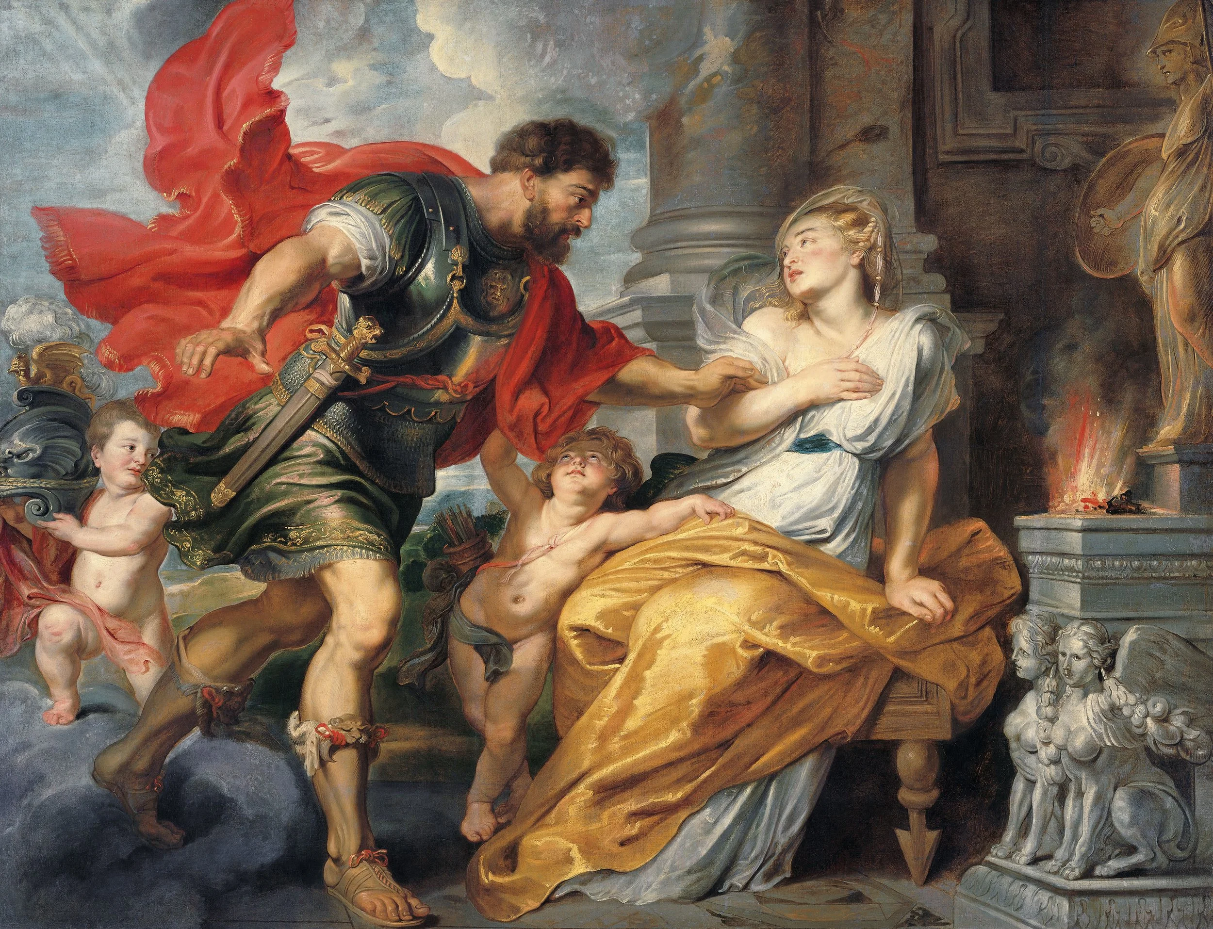 a man wearing Roman military attire reaches for a woman wearing a dress. There are cupids and an altar fire in the scene