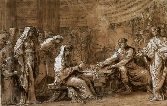 illustration of an ancient Roman priestess reading a scroll before men in togas