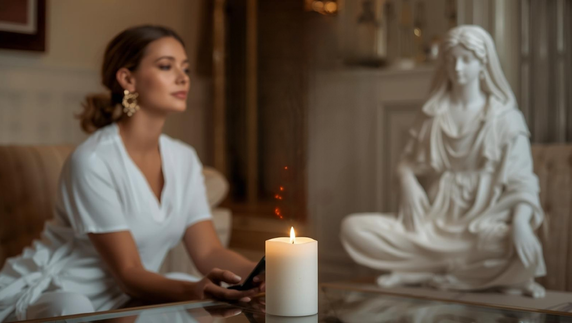 woman sitting in her living room in front of a candle with a statue of a Roman goddess nearby