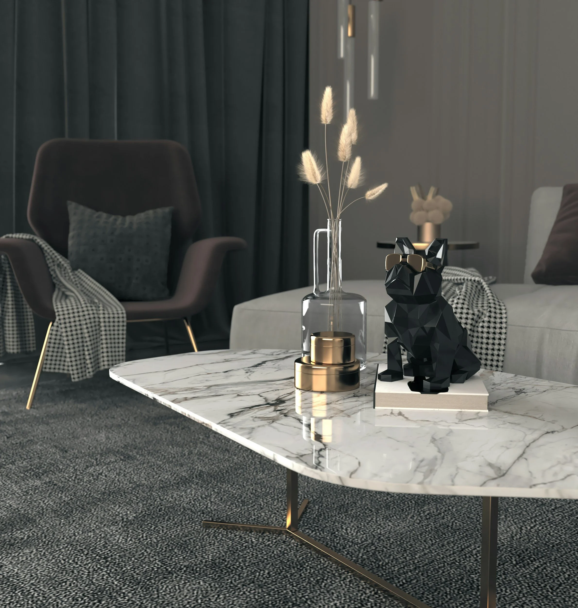 stylish living room scene with marble coffee table