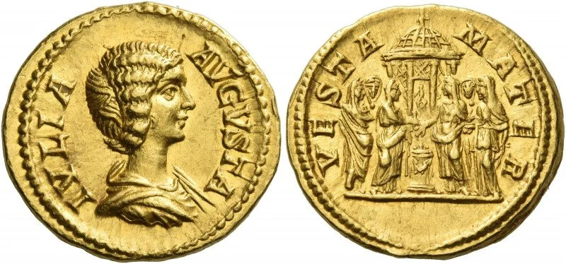 ancient Roman gold coin depicting empress Julia Domna and the temple of Vesta