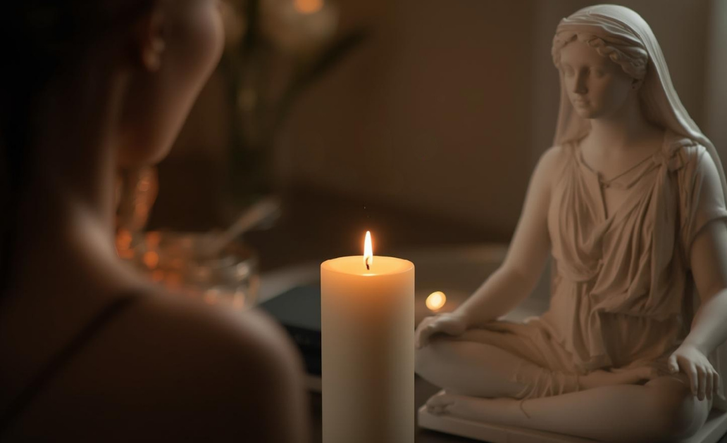 a beeswax candle burns while a woman looks on, a white statue of a seated and veiled priestess sits nearby