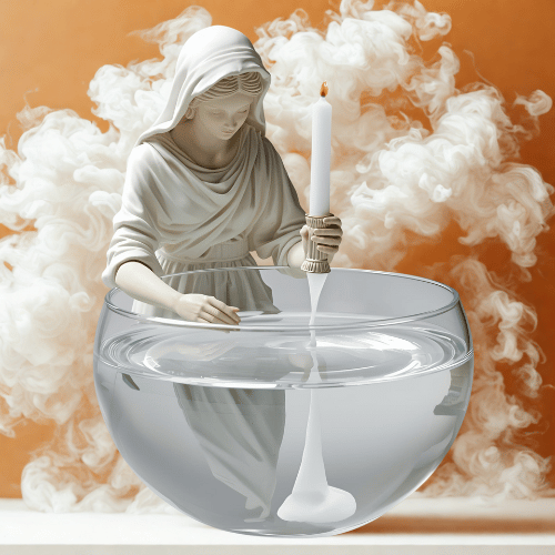 A statue of a woman holding a lit candle, placed inside a large transparent bowl of water with a burning candle in the other hand, surrounded by swirling white smoke.