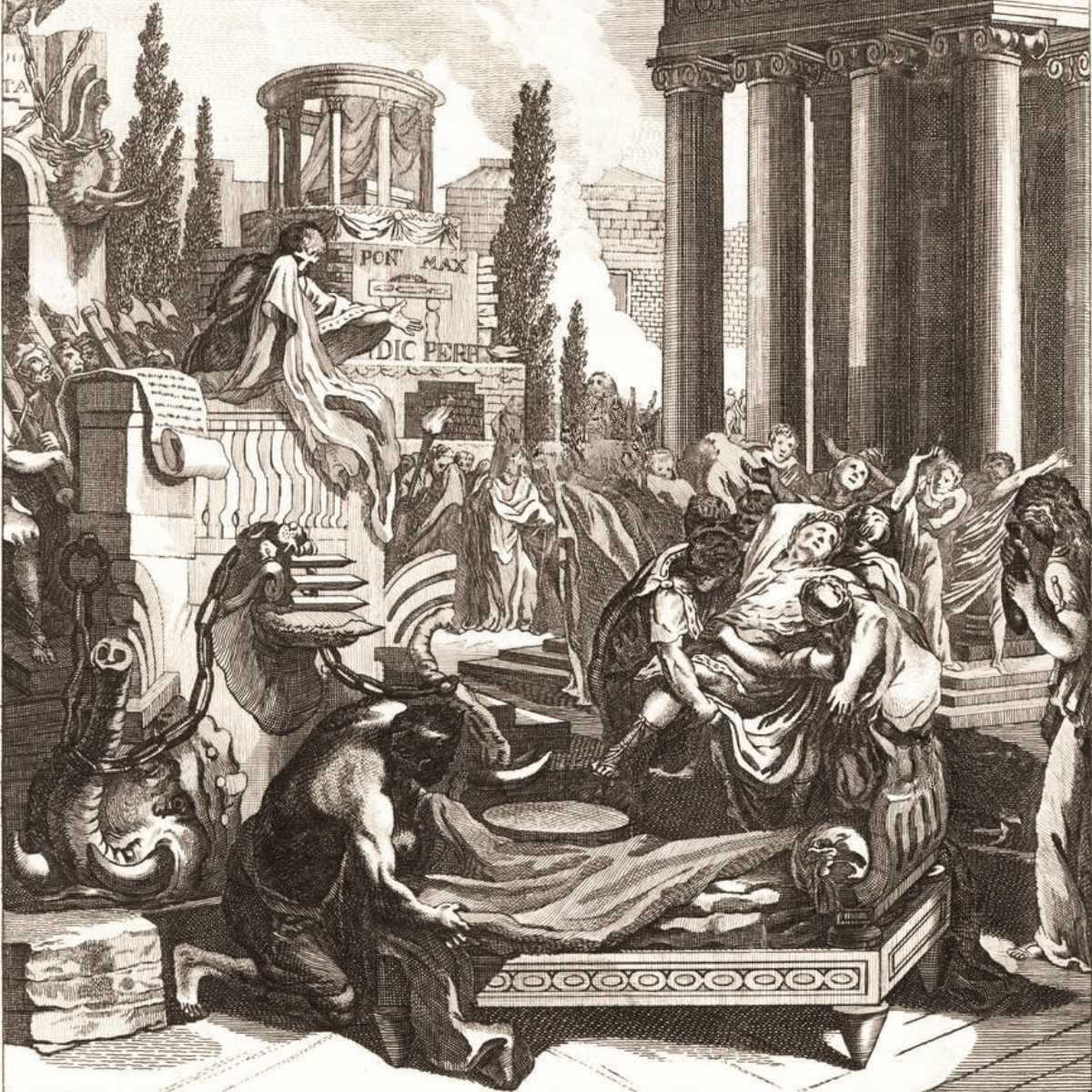 illustration showing a man giving a speech in a classical setting with a body below