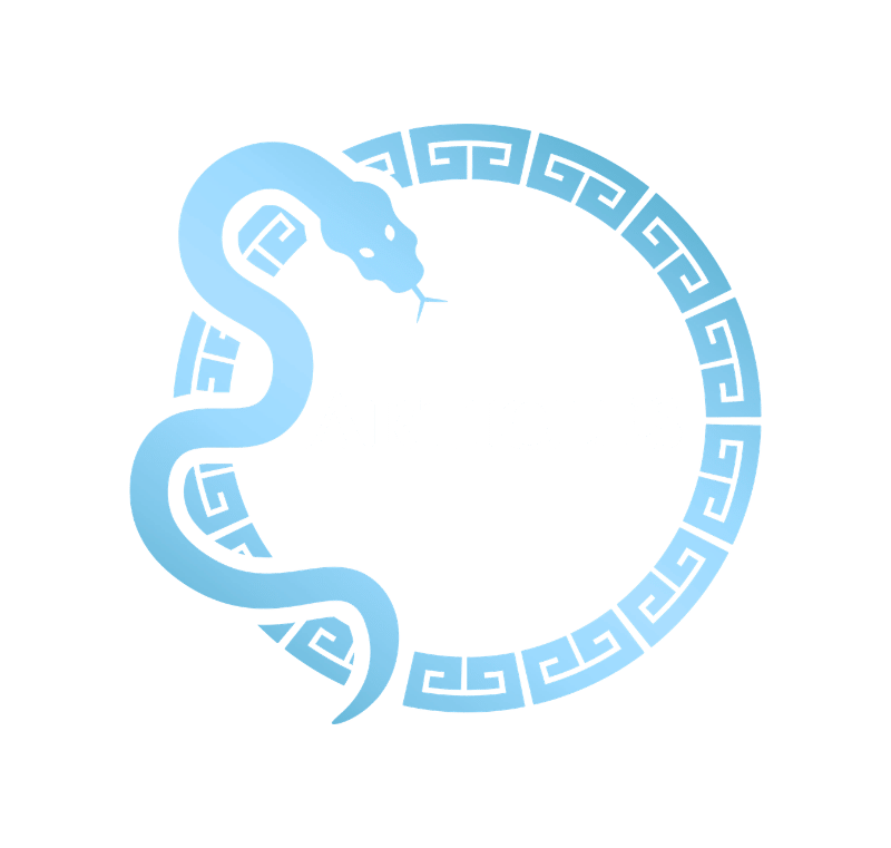 blue snake with Greek meander pattern, the word Articles in the middle