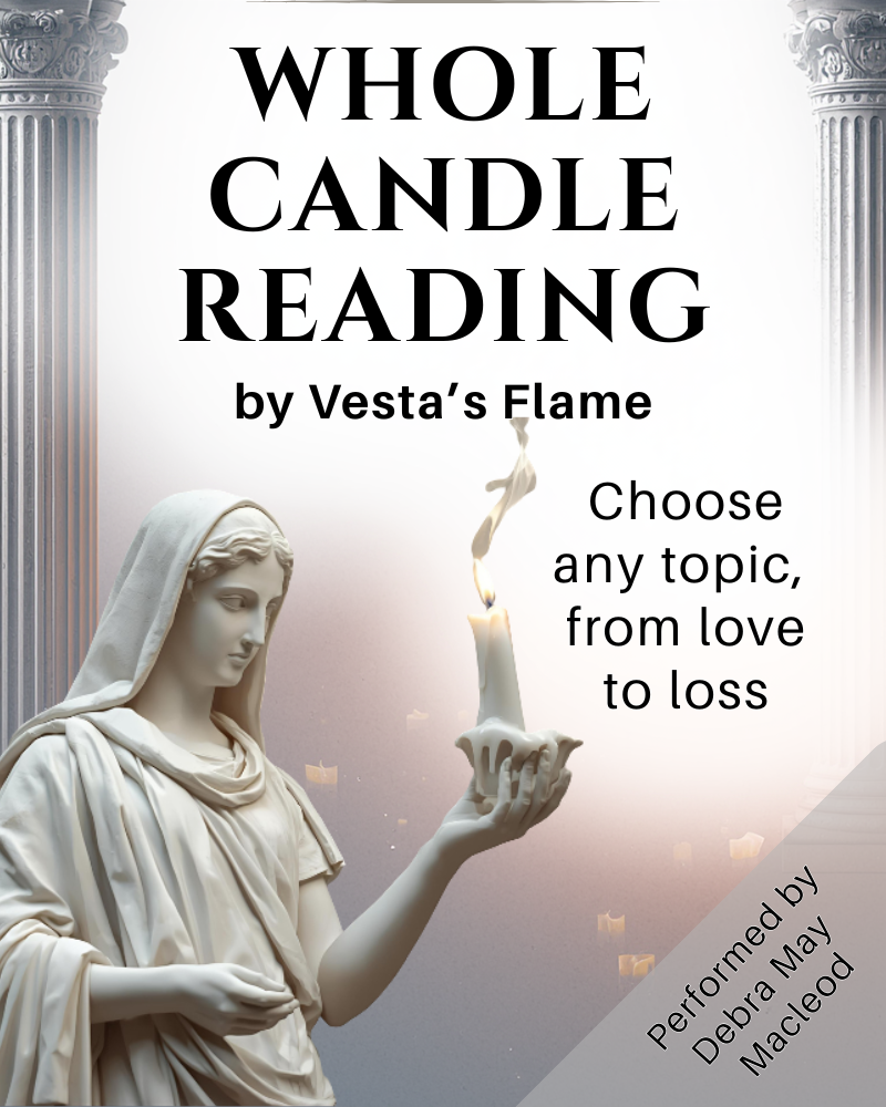 statue of  Vesta holding a candle, page says Whole Candle Reading by Vesta's flame