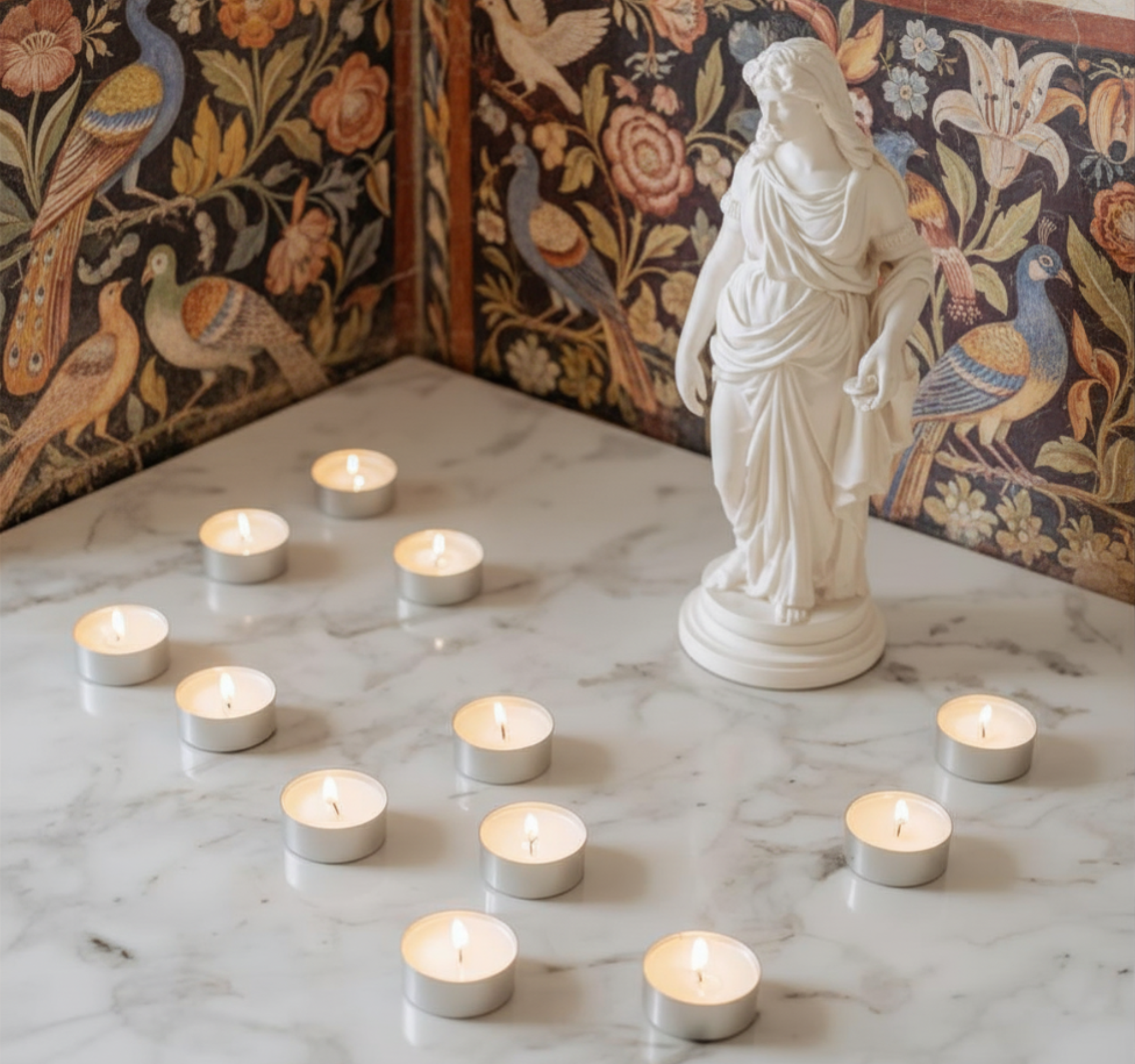 statue of Vesta with tealights, background of ancient Roman fresco
