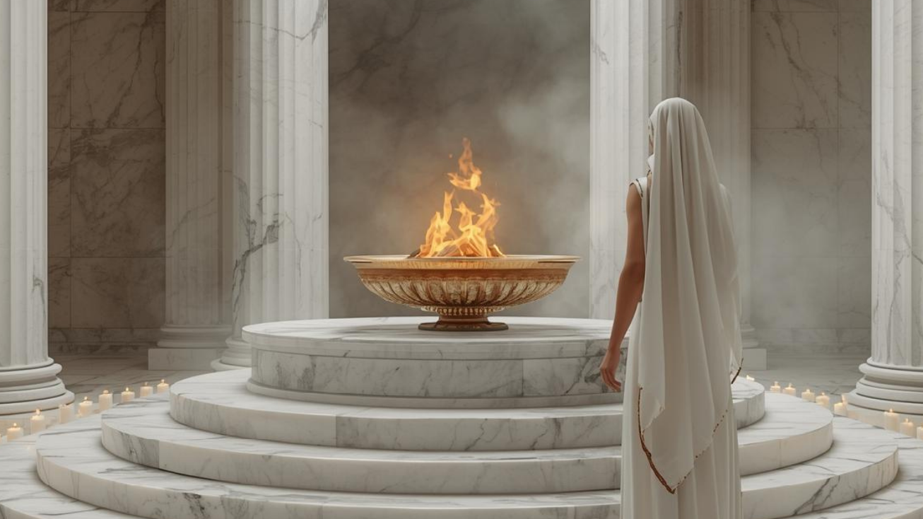 a priestess stands by an altar fire inside a white round marble temple