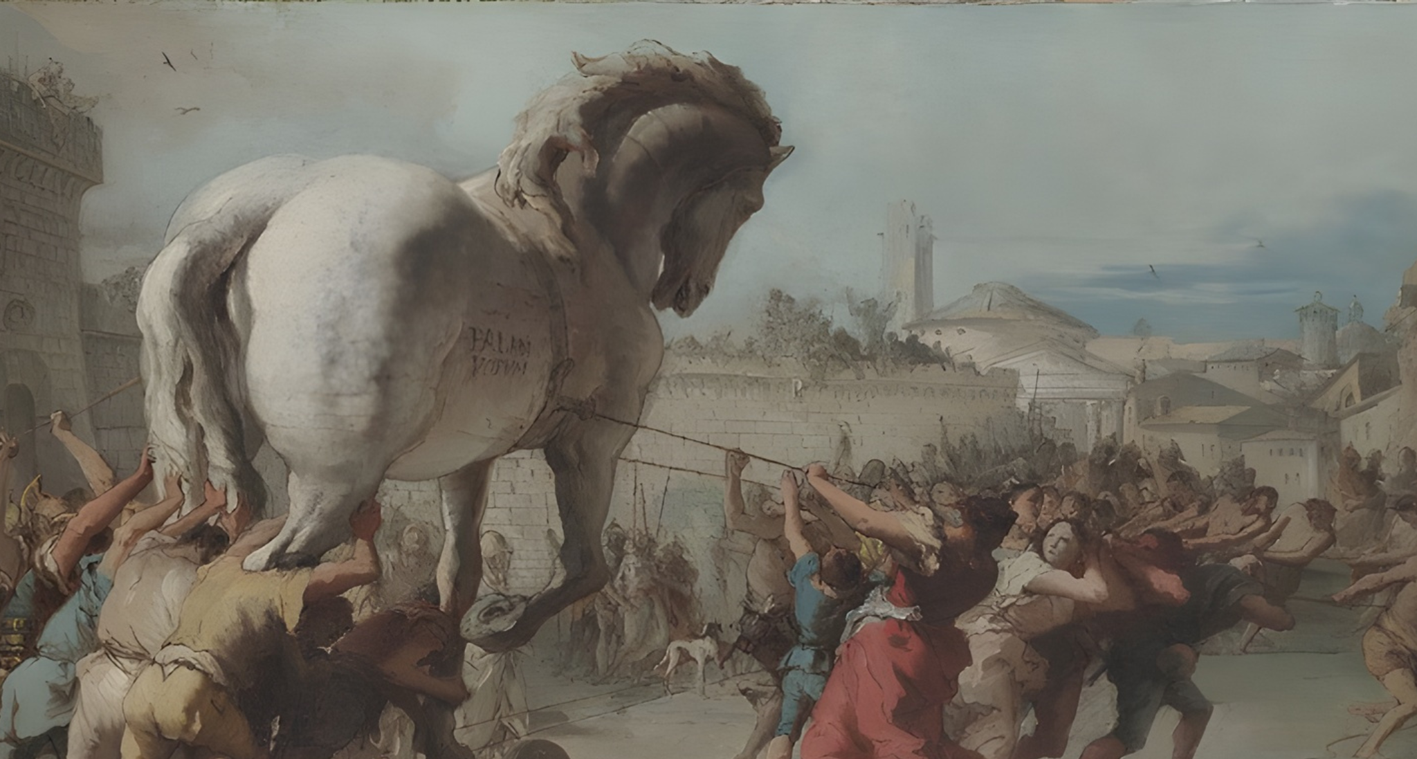 a great white wooden horse is pulled by ropes into an ancient city