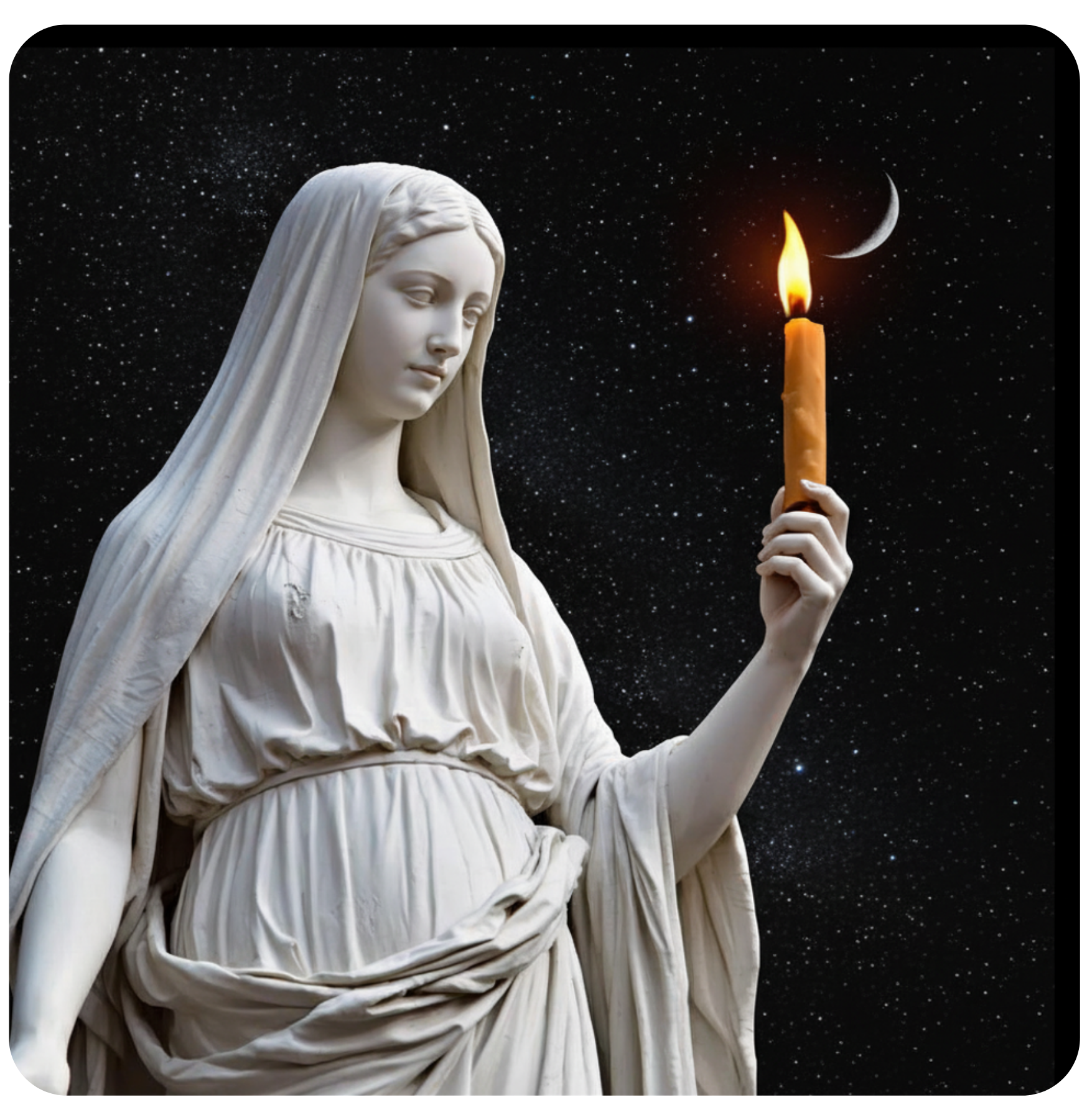 Vesta holding a candle, against a dark and starry night sky with a crescent moon in the distance