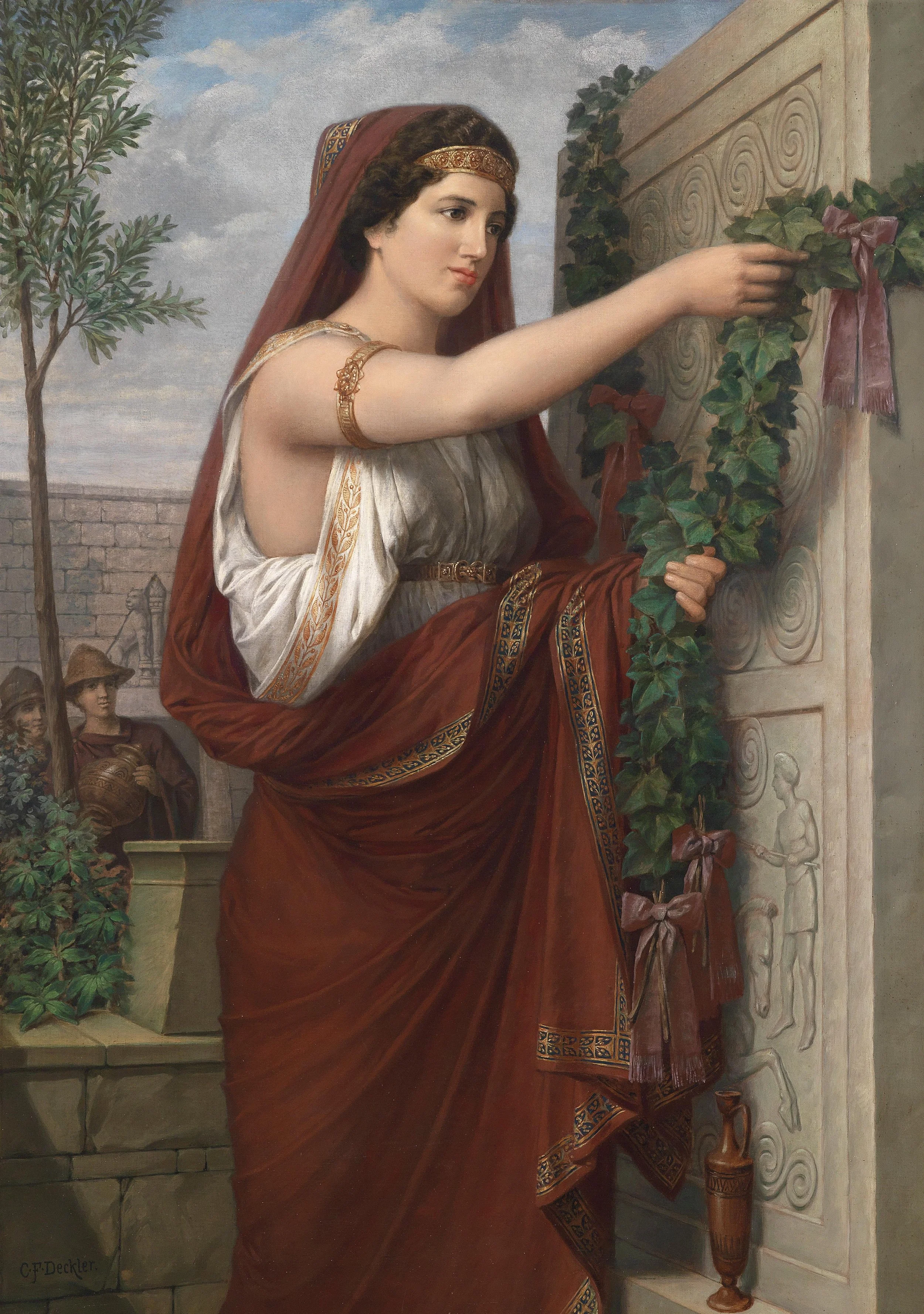 A late 19th century oil painting, by Deckler, of a Vestal hanging ivy