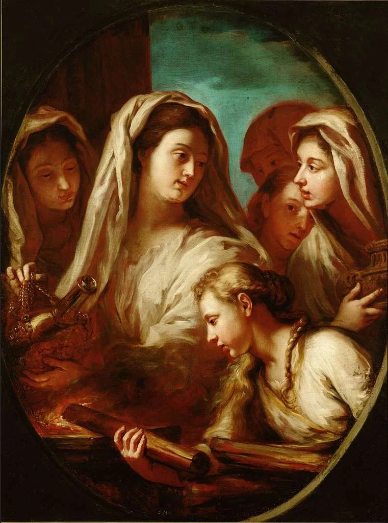 A 17th century painting of the Vestal Virgins, by Anthoni Schoonjans, tending to the sacred fire by adding wood and employing a bellows