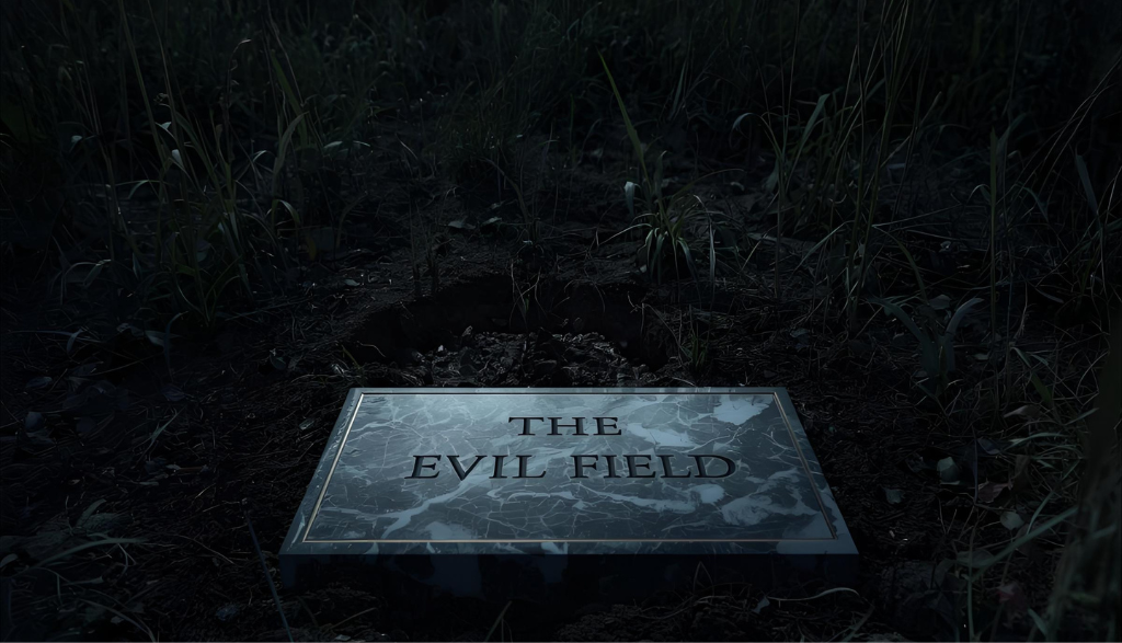 a dark field at night, with a marble plaque on the ground that reads The Evil Field