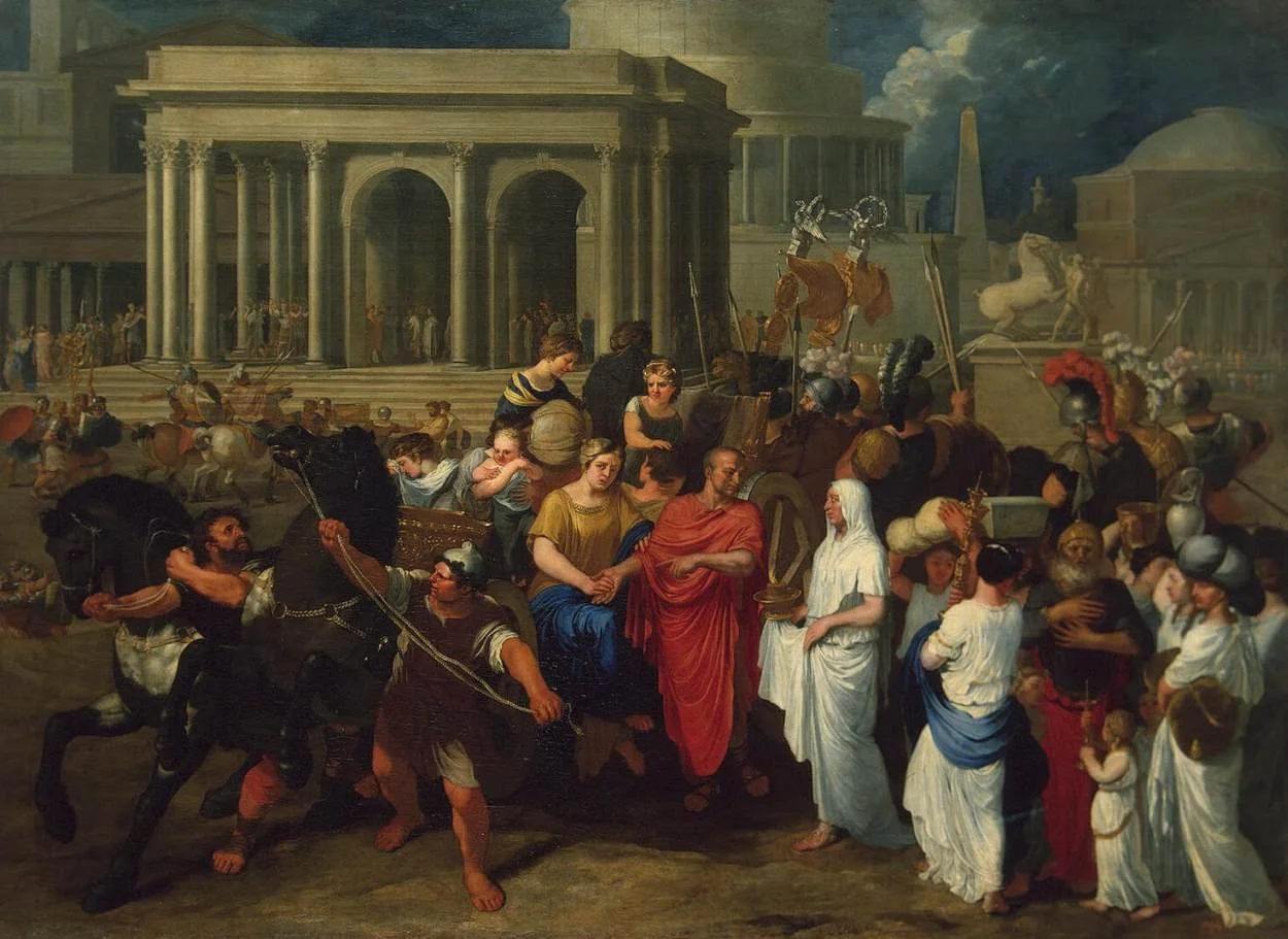 a man in a red toga offers his carriage to women in white dresses