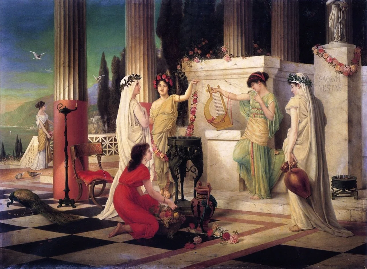 A pretty painting showing Vestals and attendants at a shrine to Vesta
