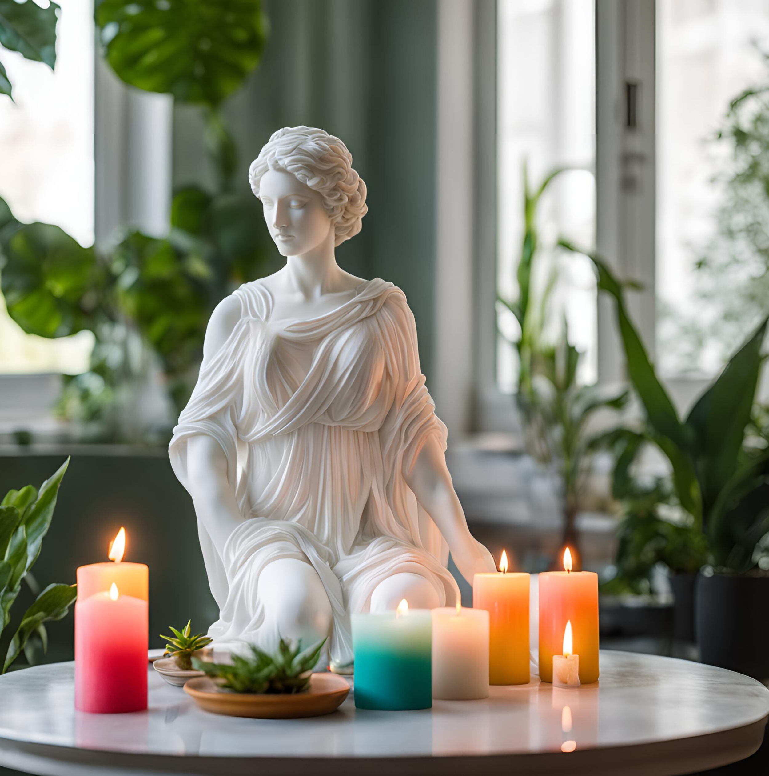 A white marble statue of a woman in a flowing gown, seated in a garden setting near a window with natural light, surrounded by lit candles and green plants.