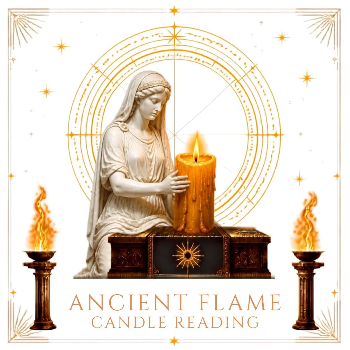a statue in classical dress is holding an amber candle, the text below says Ancient Flame Candle Reading