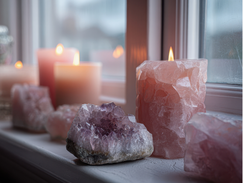 pink candles and crystals line a windowsill