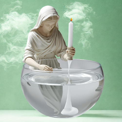 Vestal holding a candle, leaning over a bowl of water