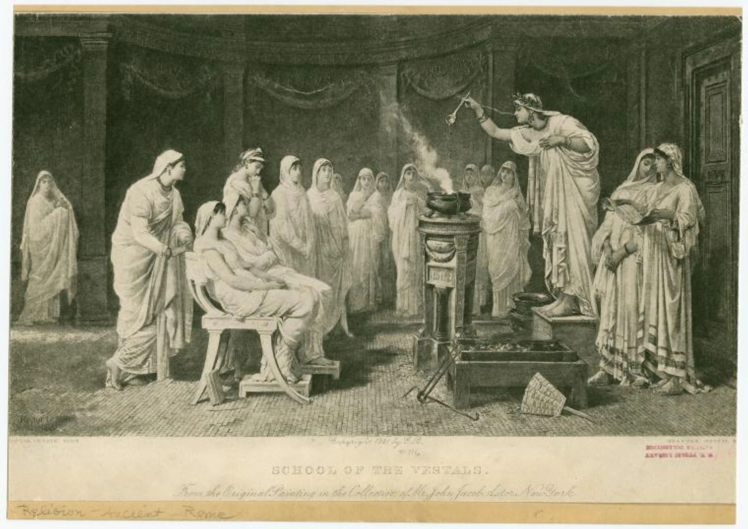 women in white dresses inside a temple, looking at a lit altar as a woman pours a libation into the fire