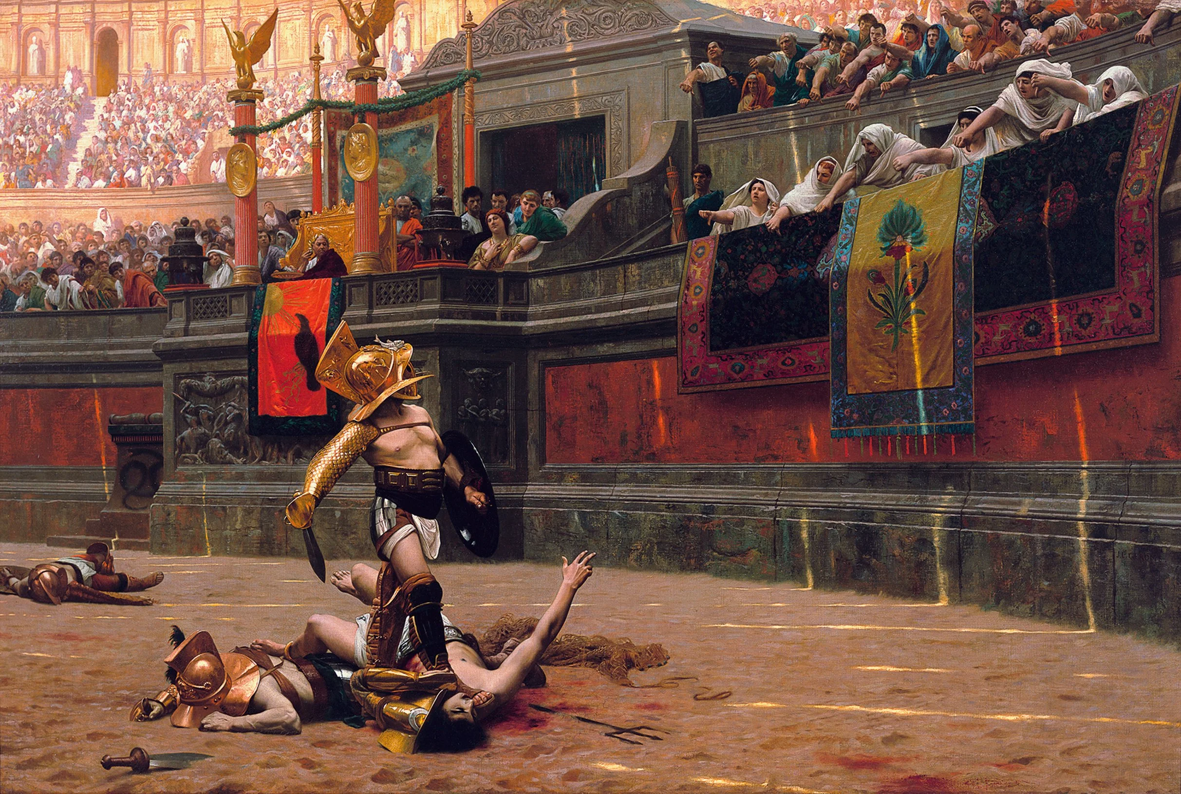 a gladiator in the Roman colosseum stands on the body of a fallen man