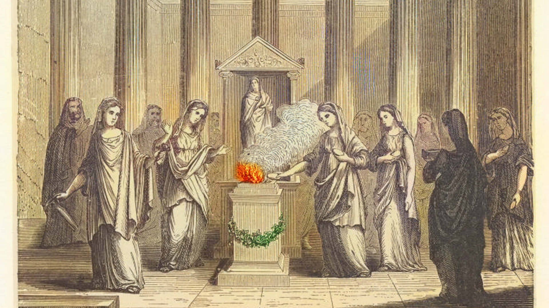 A vintage illustration showing the Vestal Virgins inside the temple, offering into the sacred fire