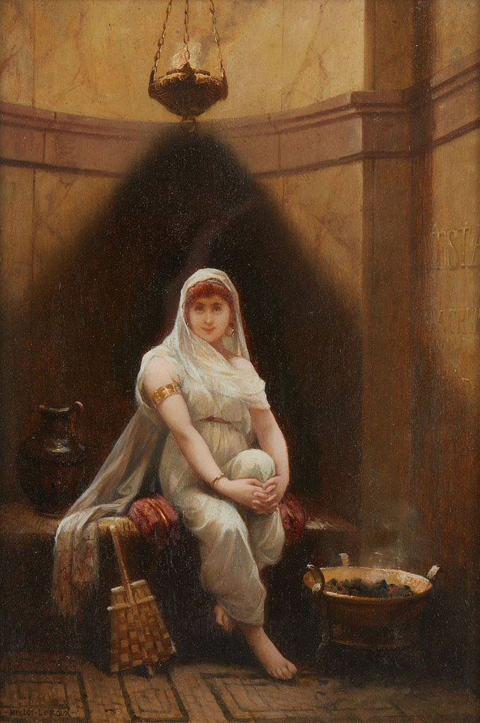 A painting by Leroux, showing a Vestal seated under a lamp